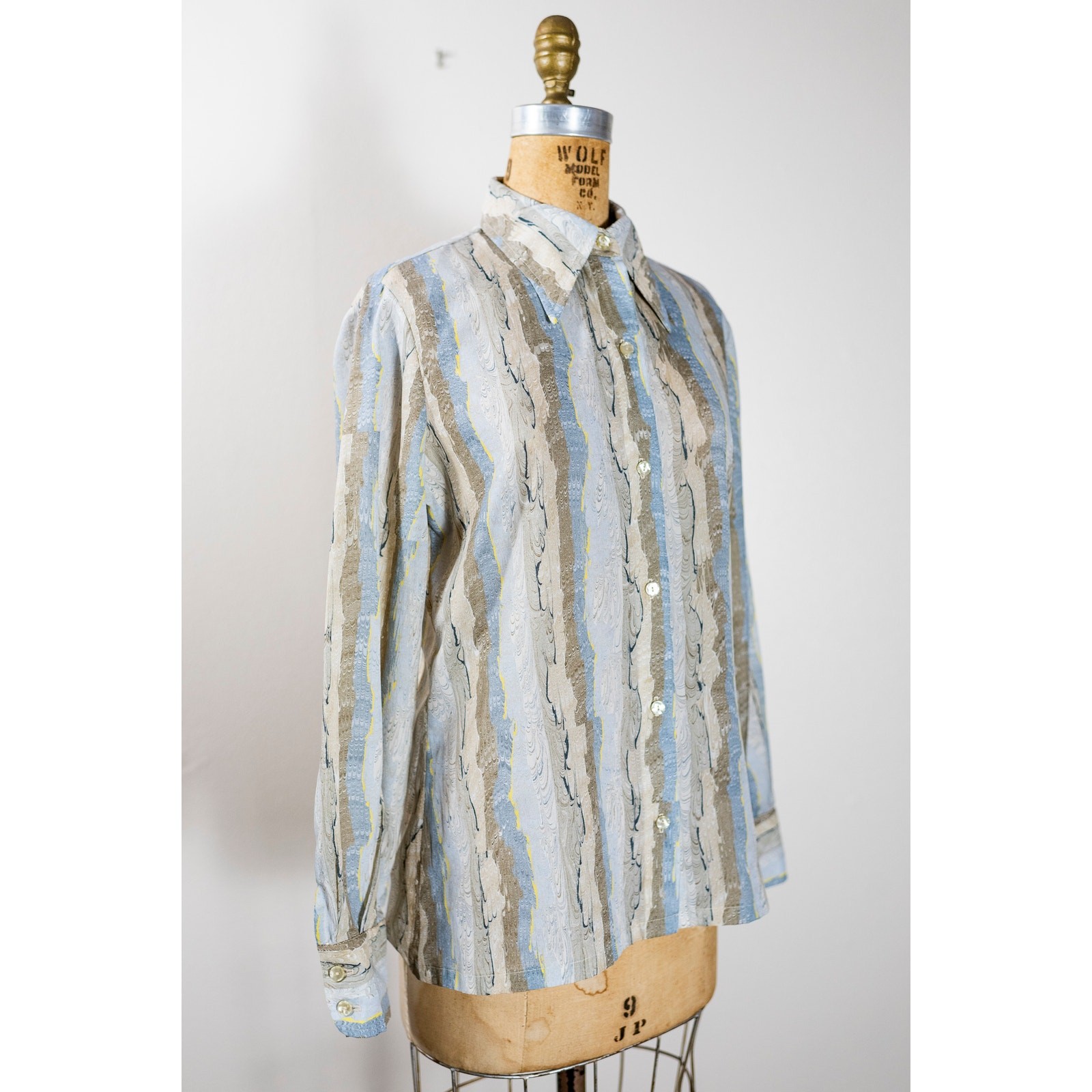 Vintage 70s Blouse, Dagger Collar, Hippie Abstract Neutral Watercolor Shirt, Med