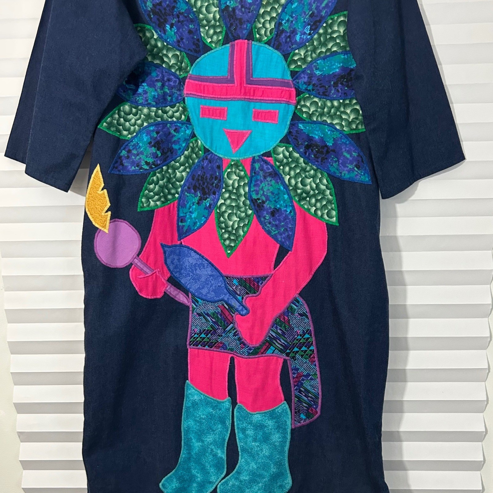 VTG Alfredo’s Wife Indigo Denim Applique Sun Deity Kachina Dress Pockets Blue