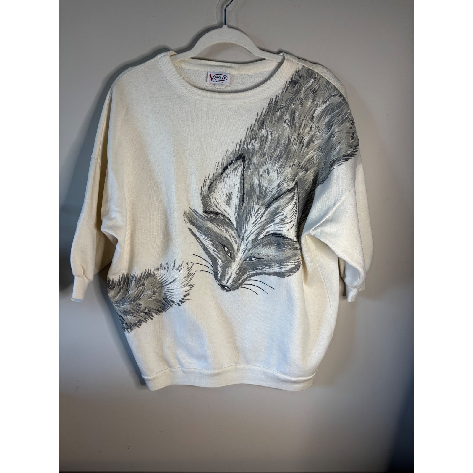 Vintage Variety Fox Graphic Sweatshirt Cream 3/4 Sleeve Made in USA One Size