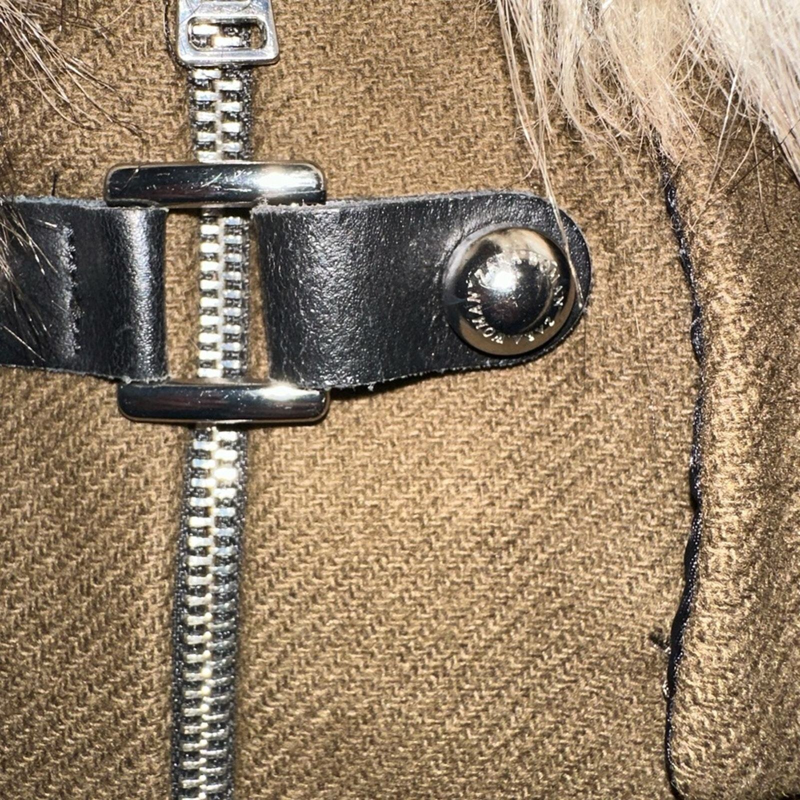 ZARA khaki army green faux fur trim hood duffle coat size XS