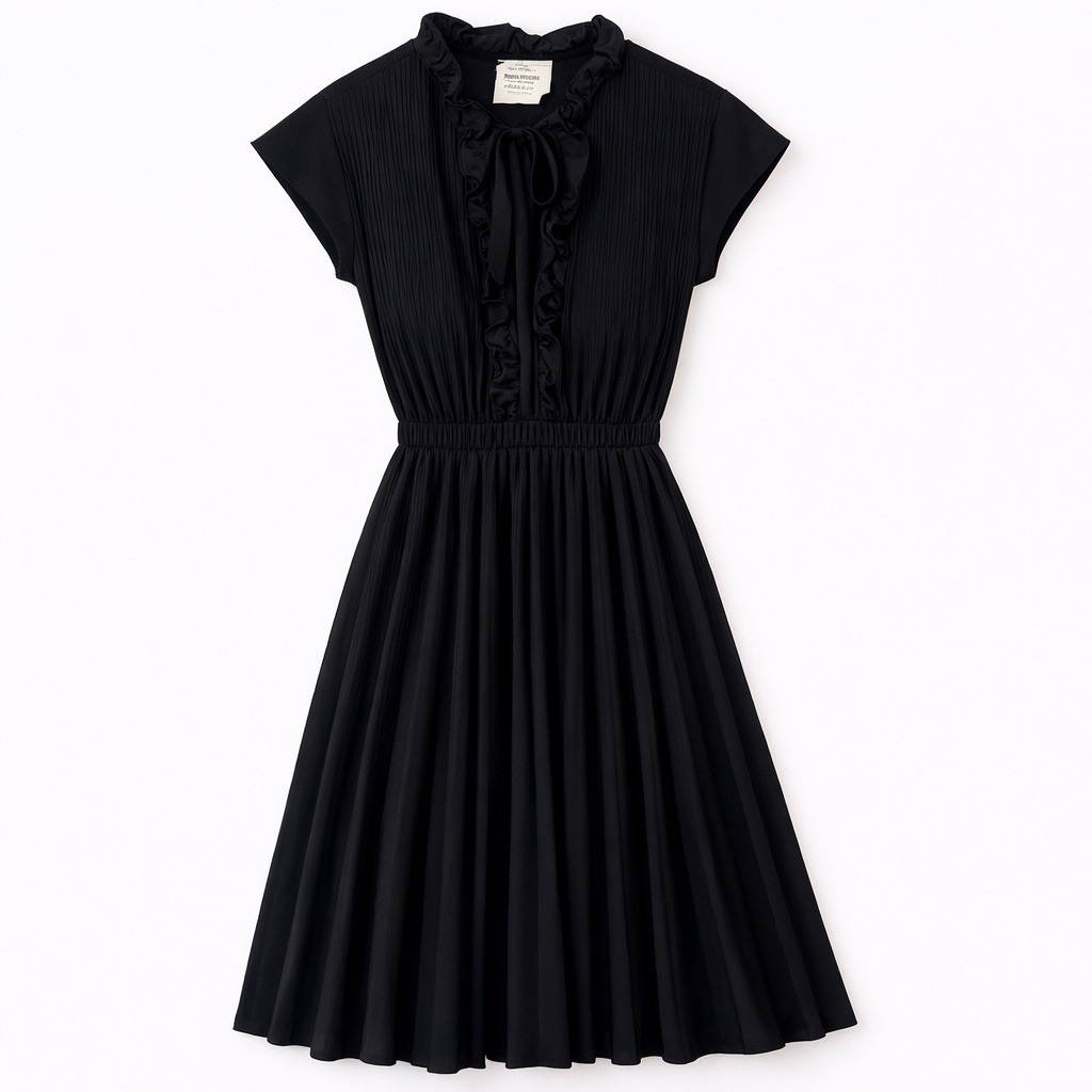 True Vintage 70s Queen’s Row Black Pleated Ruffle Midi Dress Size 18 Whimsigoth