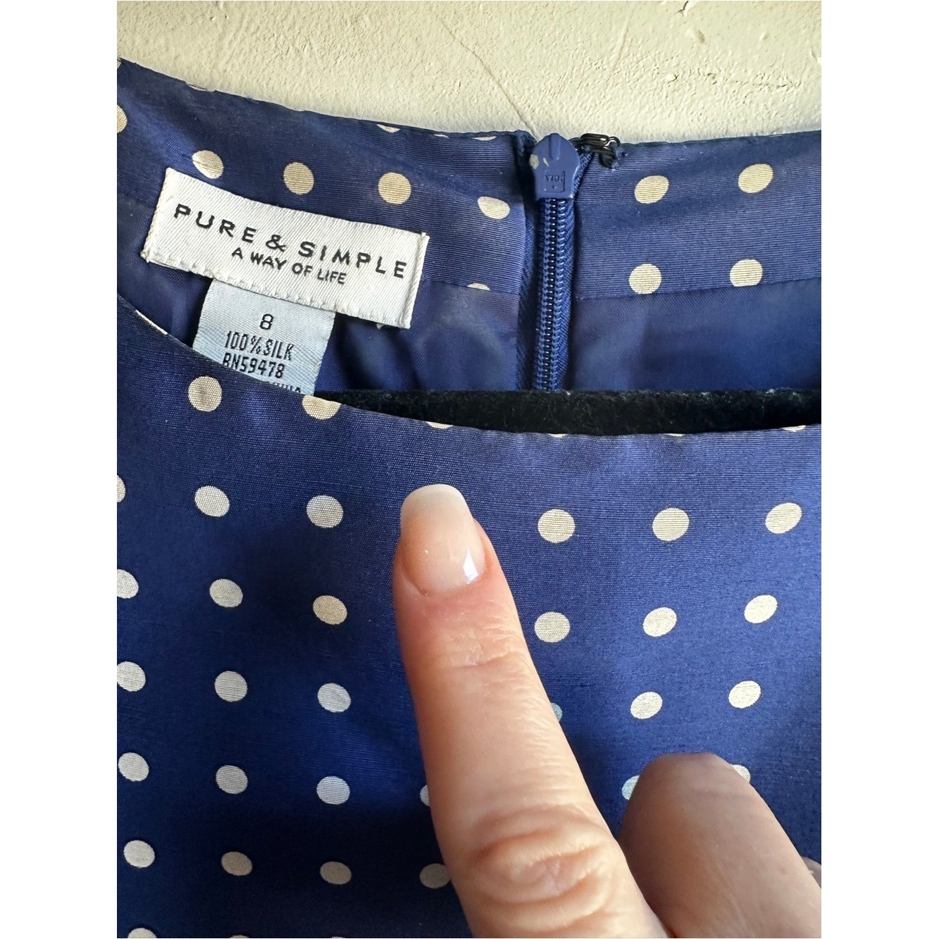 Pure & Simple 100% Silk Blue Polka Dot Dress Retro Parisian Chic Ruffle Hem Sz 8