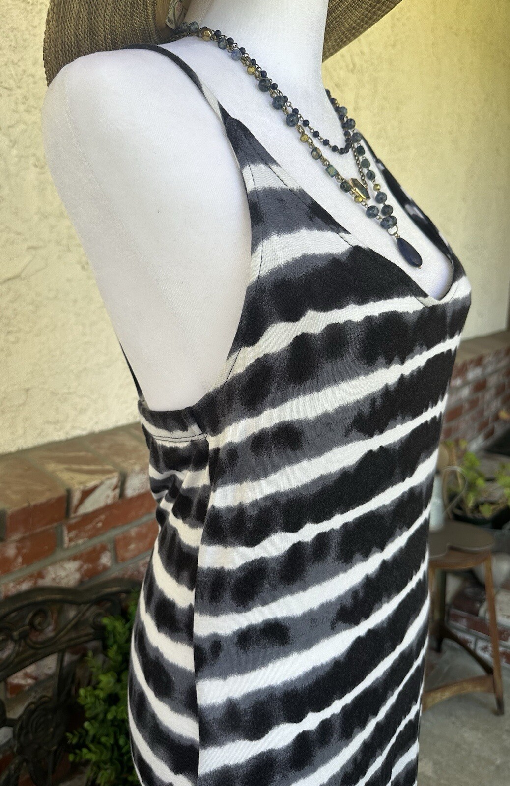 Vintage Alloy Apparel Tie Dye Maxi Dress; Black/Off White Stripe W/Spag Straps