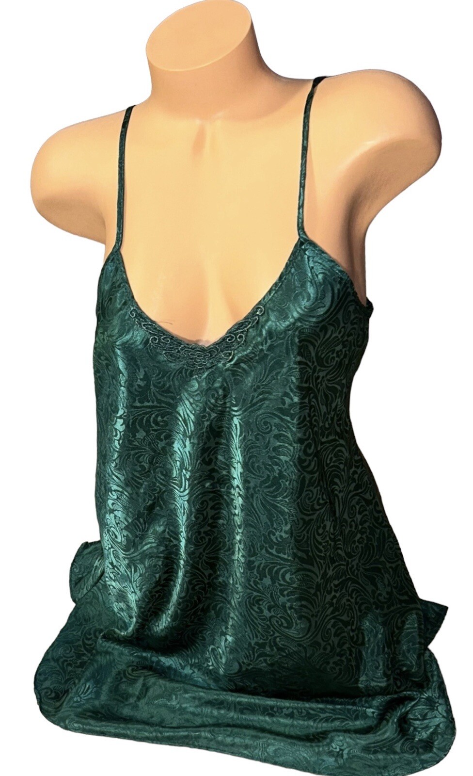 Romantic Moods Green Shiny Embossed Paisley Satin Nightie Slip Dress Nightgown L