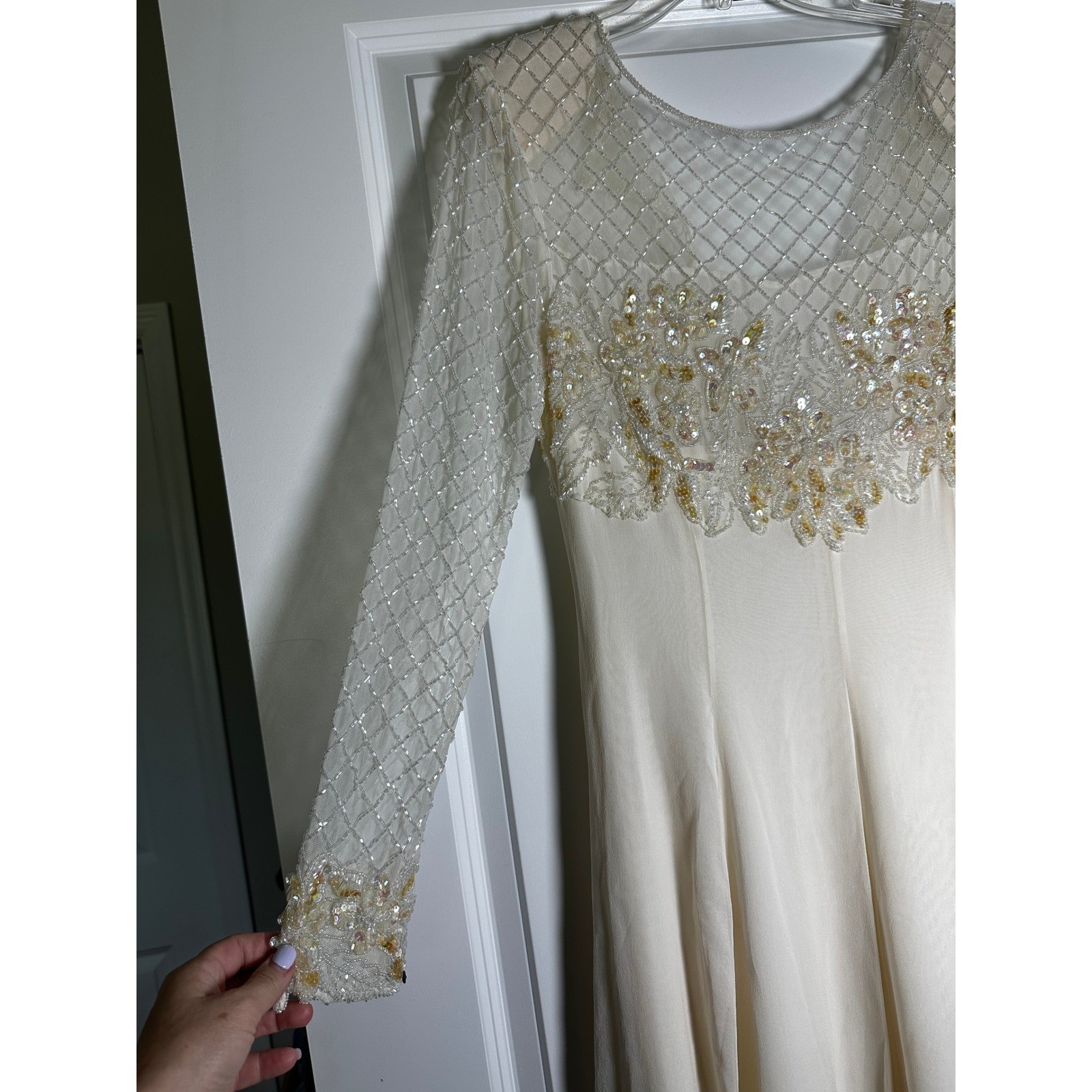 Jovani Vintage Pure Silk Beaded Sequin Long Sleeve Evening Gown Ivory Size 8