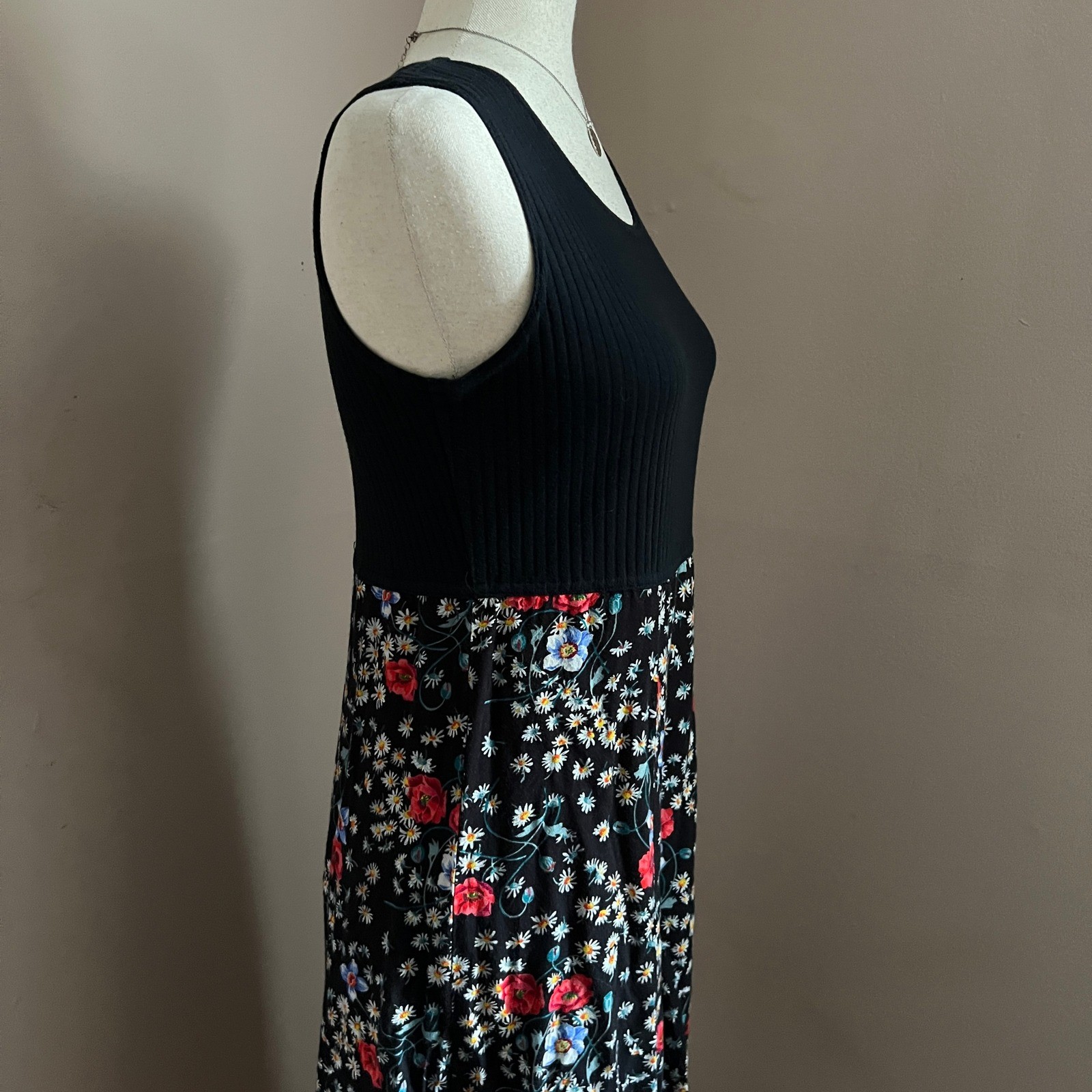 Vintage 90s Prairie Cottagecore Impressions Floral Midi Dress Black Boho Size S