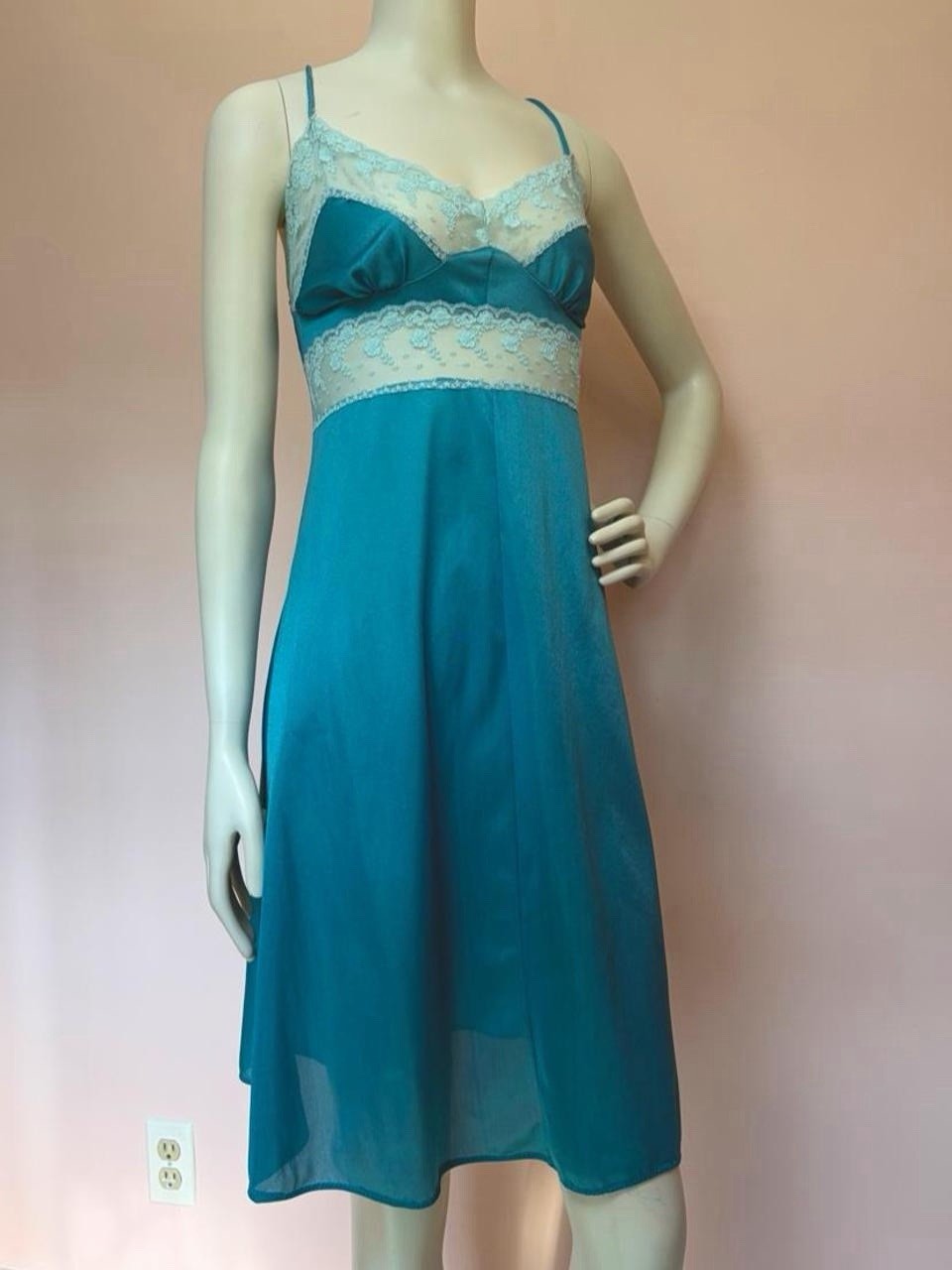 Vintage 70s/80s Teal Lace Lingerie Fairy coquette romantic Slip Dress Nylon L