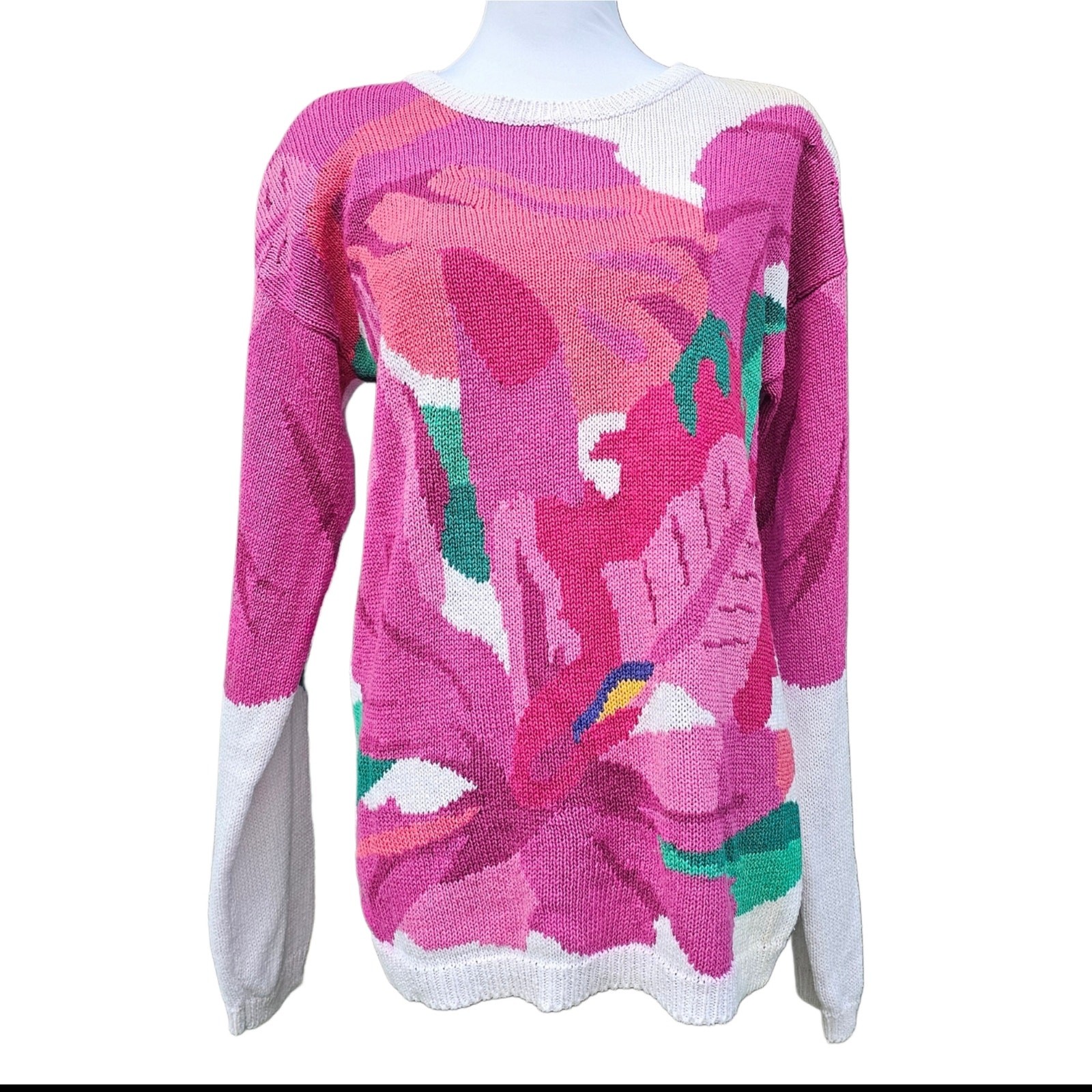 Bright Pink Floral Sweater Pierre Cardin Size S White Flower Vintage Colorful