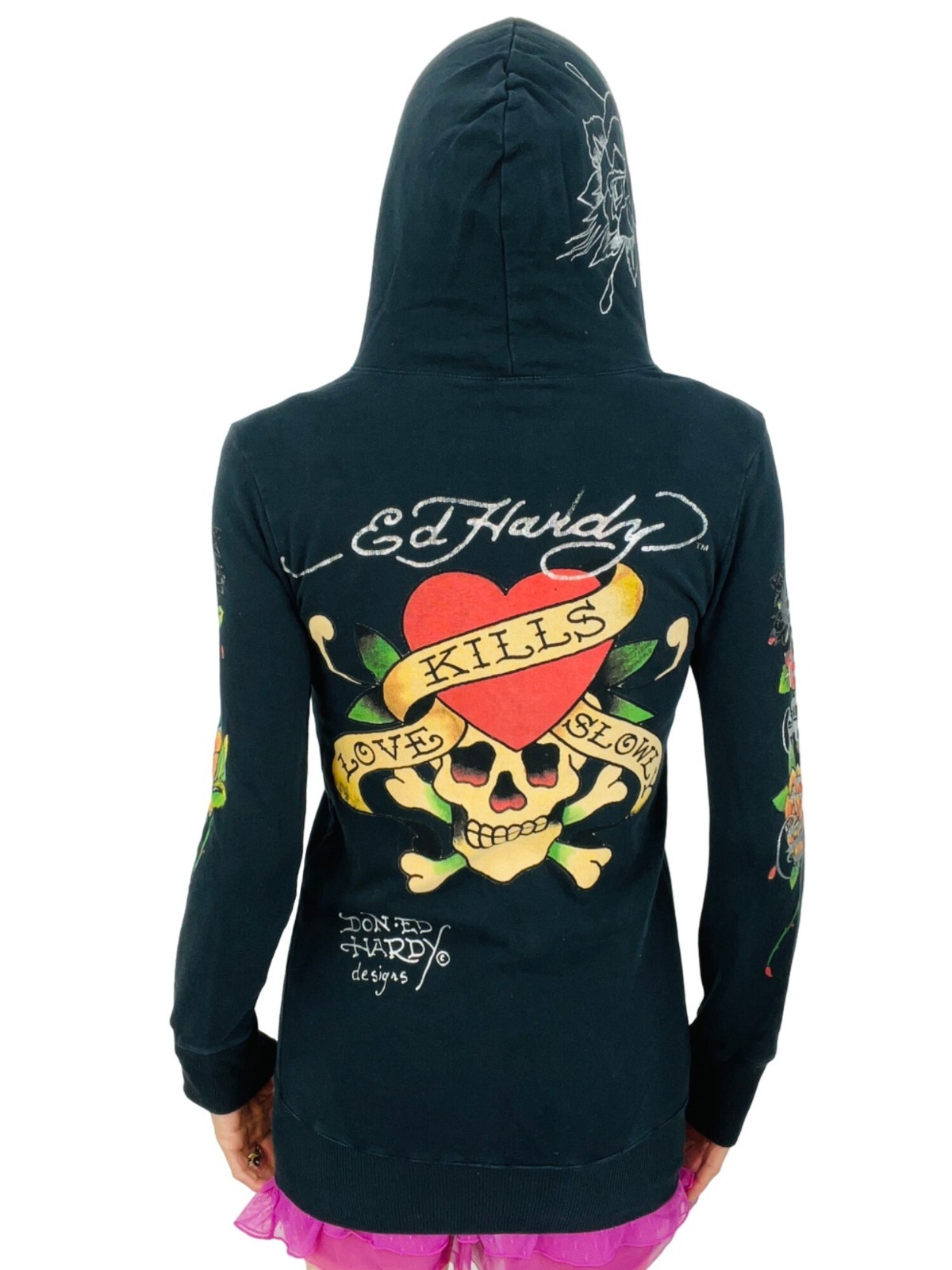 VTG Ed Hardy Christian Audigier Black Tattoo Graphic Zip Hoodie S | McBling Y2K