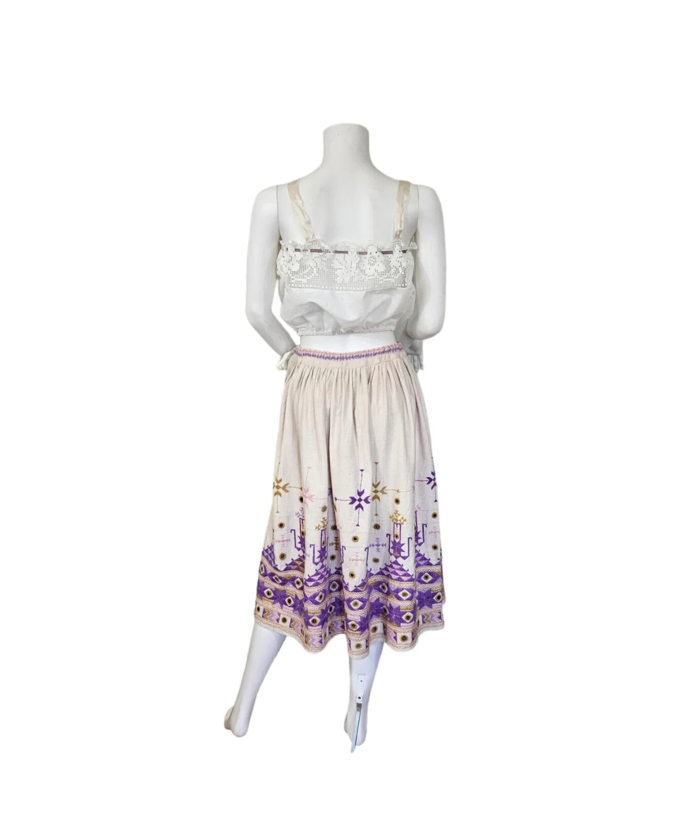 Vintage1970’s Taraliya Homespun Ivory Cotton Lavender Embroidered Mirrored Skirt