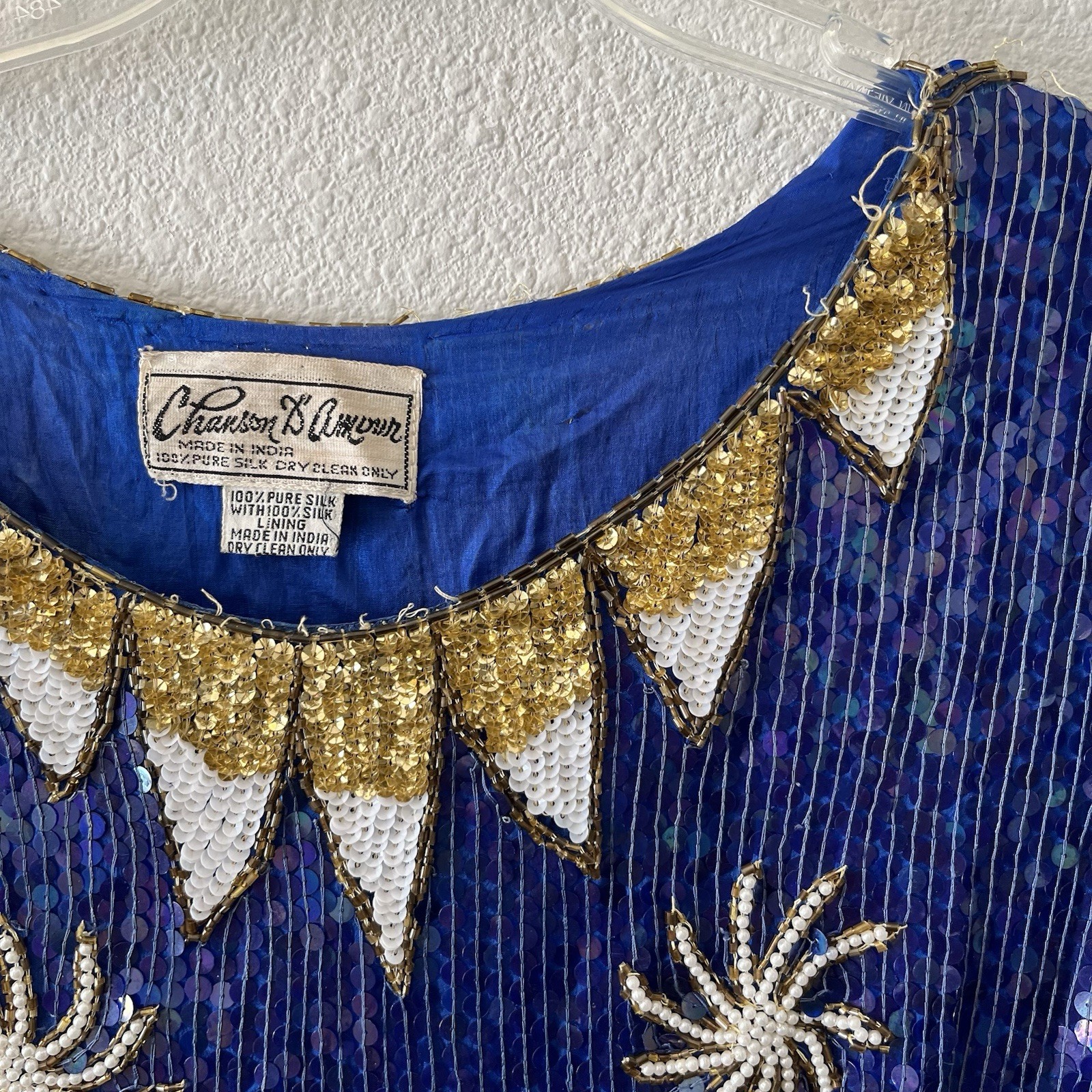 Vintage 80’s Chanson D’Amour Womens Flapper Dress 100% Silk Sequin Beaded Blue