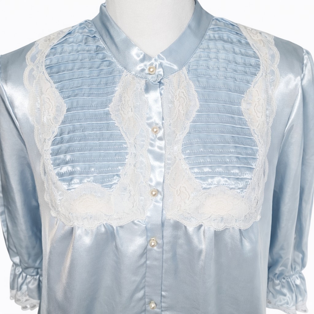 VTG Lewis Frimel Satin Lace Nightgown Baby Blue Button Front Boudoir Peignoir