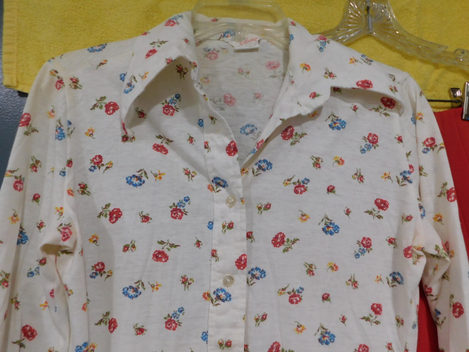 VTG 60s 70’s BELL BOTTOM PANTS TEXTURE POLY W FLOWER TOP OUTFIT SET WOMENS S /M