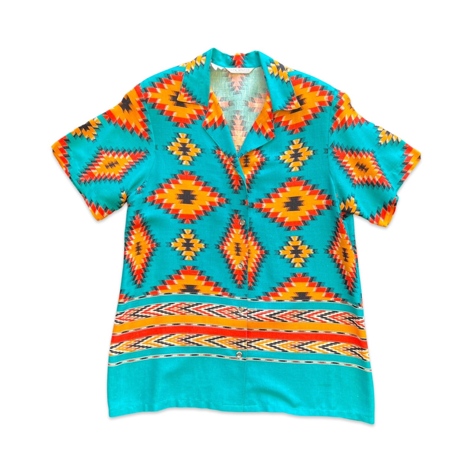 Vintage 80s 90s Top Jack Winter Medium Turquoise Shirt Southwest Print #167