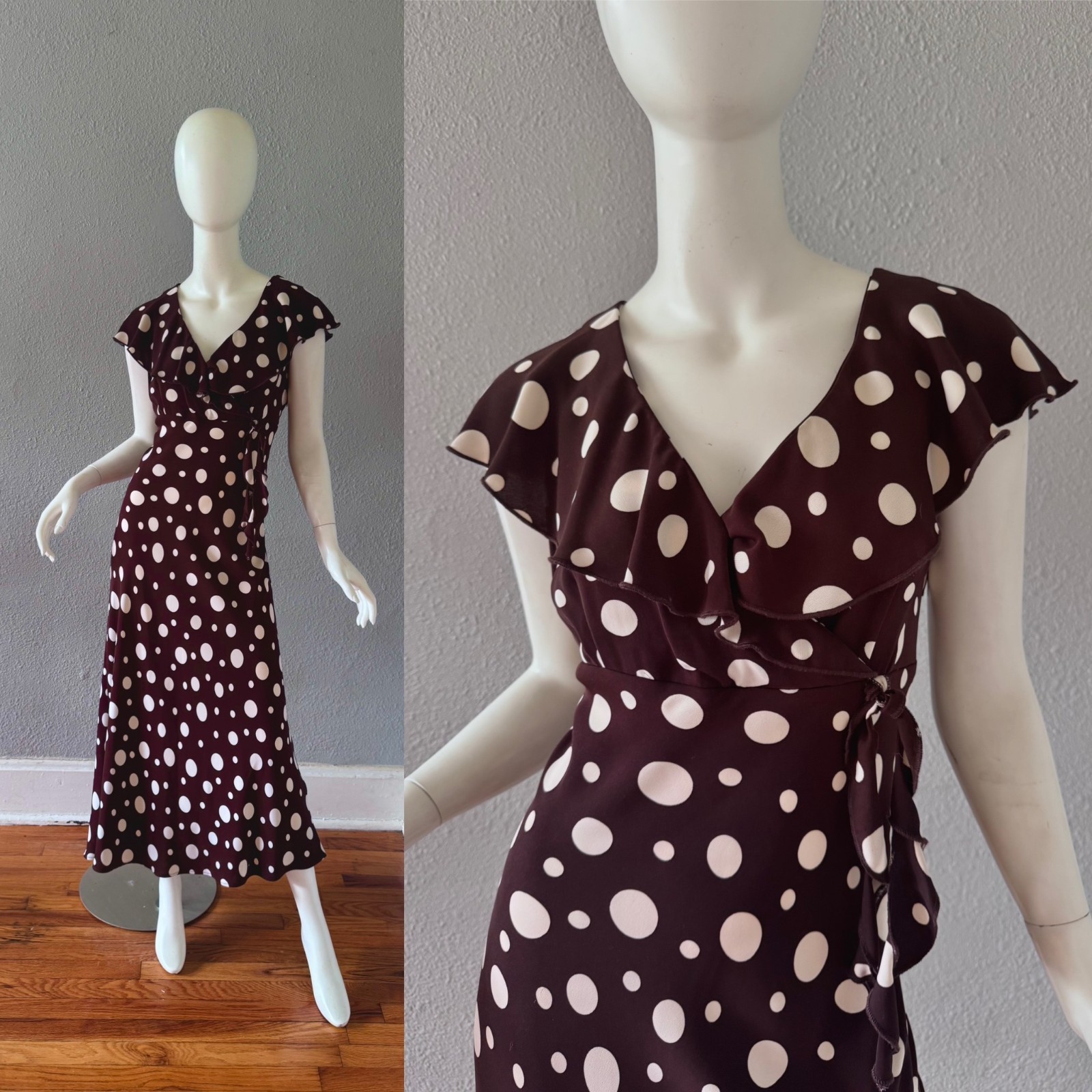 Vintage 90s Polka Dot FEMME Bias Cut Ruffle Maxi Dress L/XL