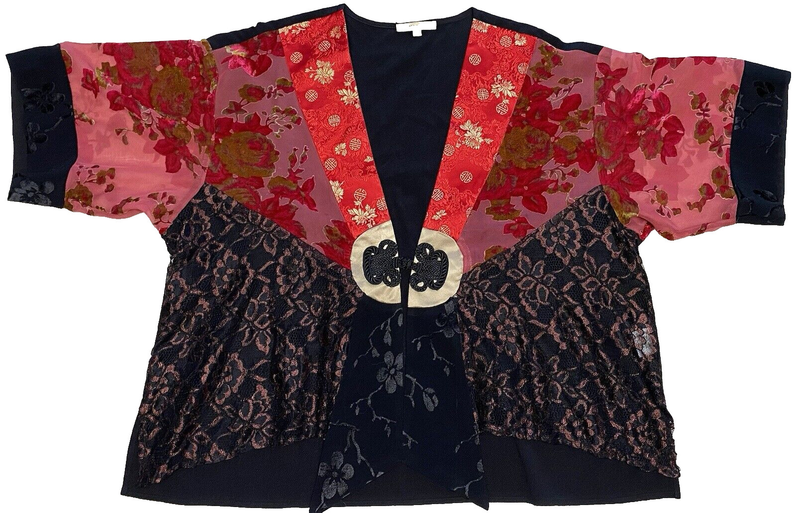 Vintage Spencer Alexis Asian Oriental Mixed Print Kimono Cardigan Large USA