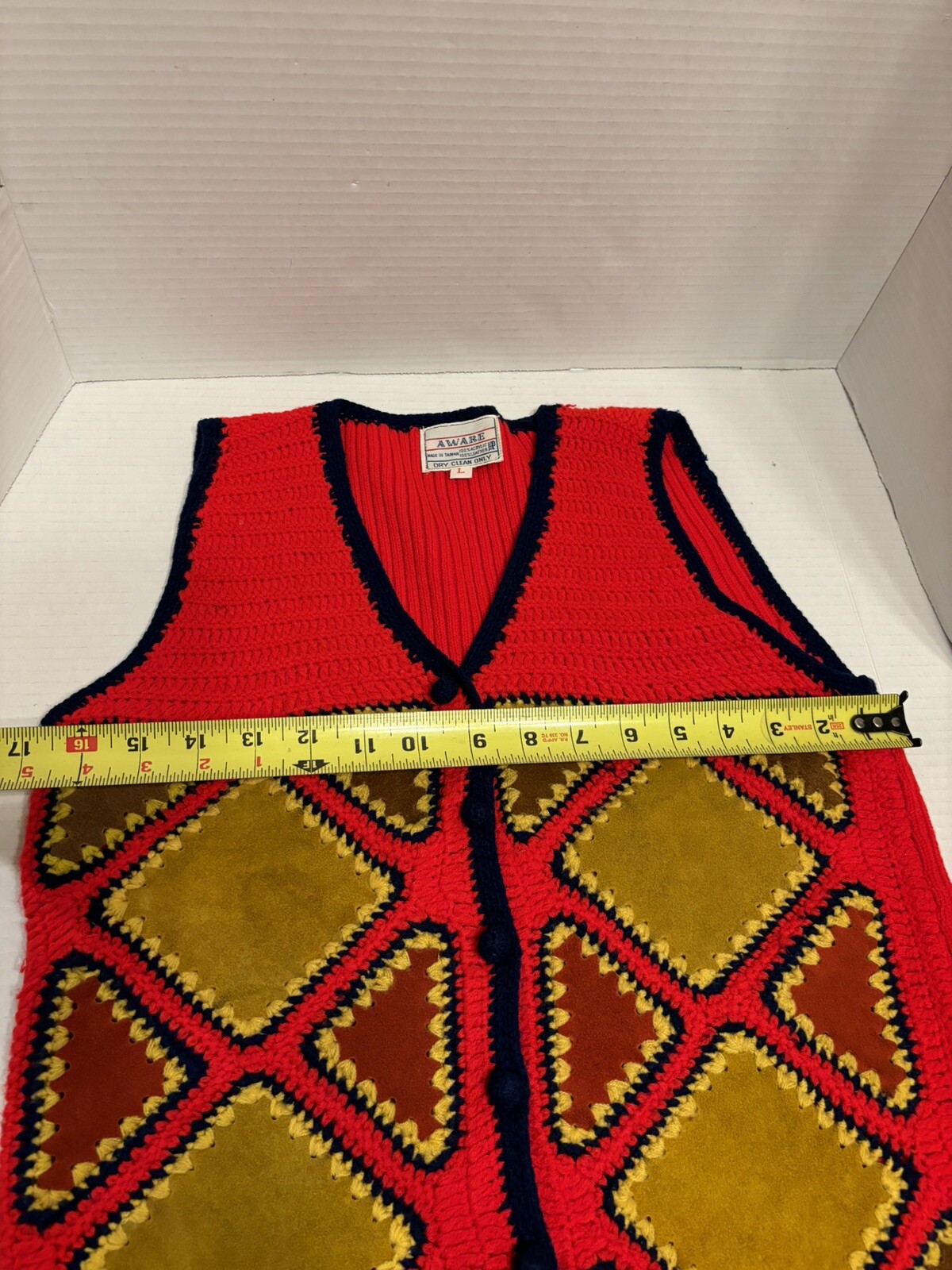 Vintage Vest 70’s Retro Hippie Leather Crochet Aware Brand Orange Brown Size L