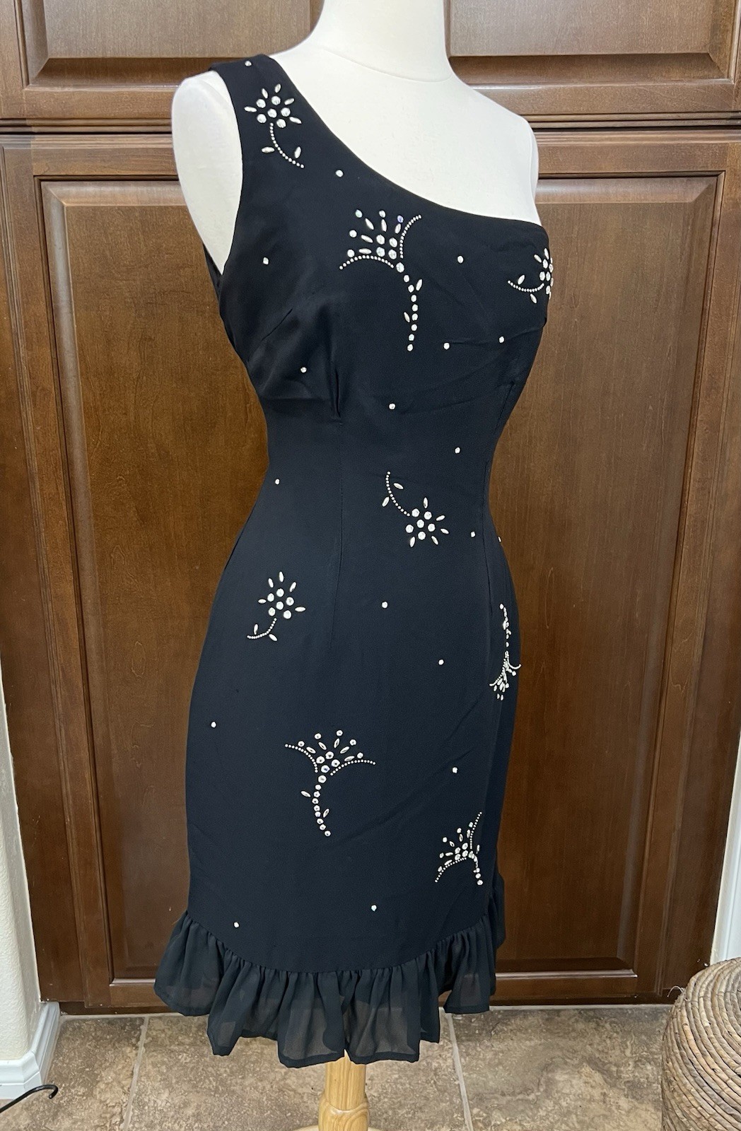 1950’s Lilli Diamond Black Cocktail Dress Rhinestones One Shoulder Ruffled Hem