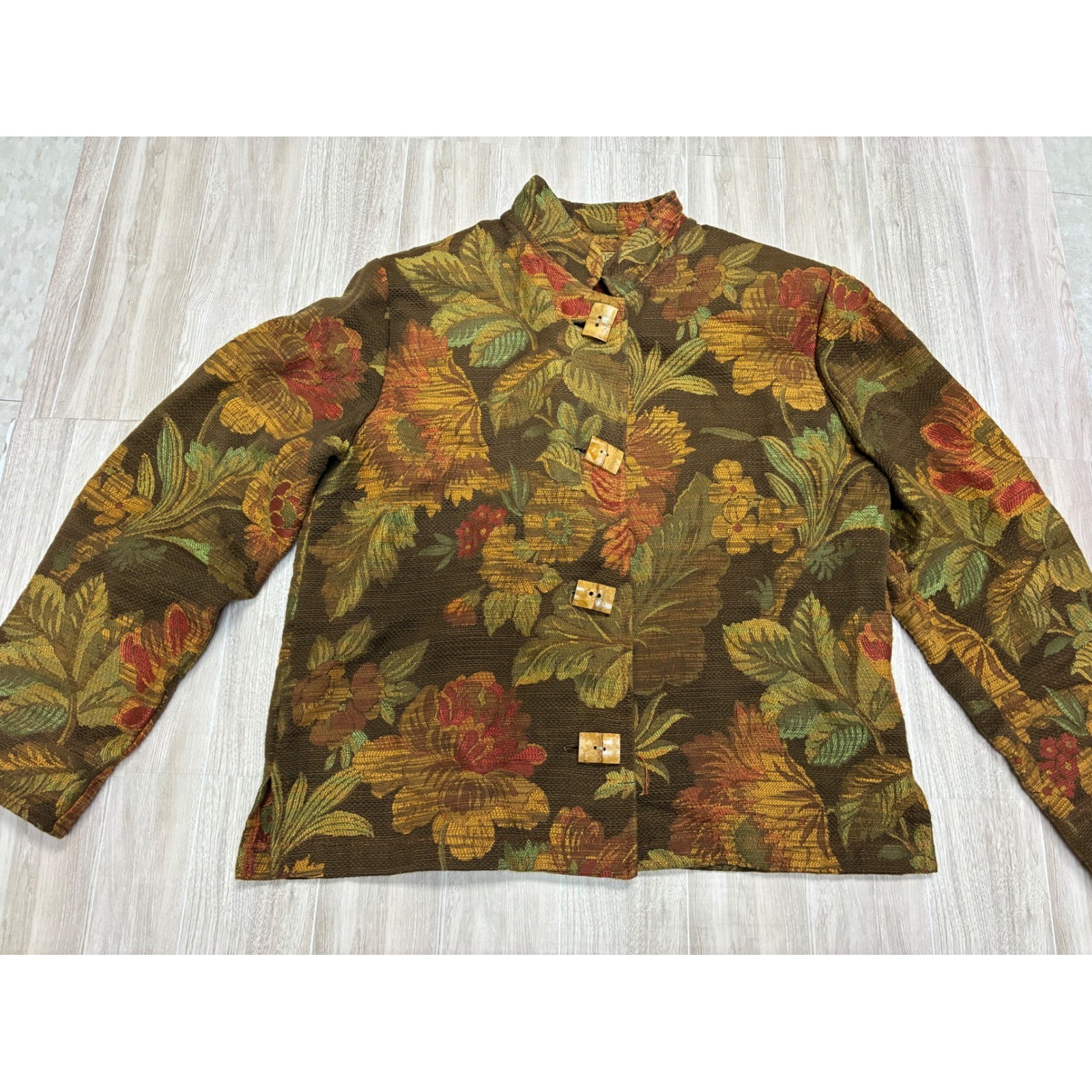 Painted Pony Vintage Tapestry Jacket Floral Botanical Wood Button USA Small