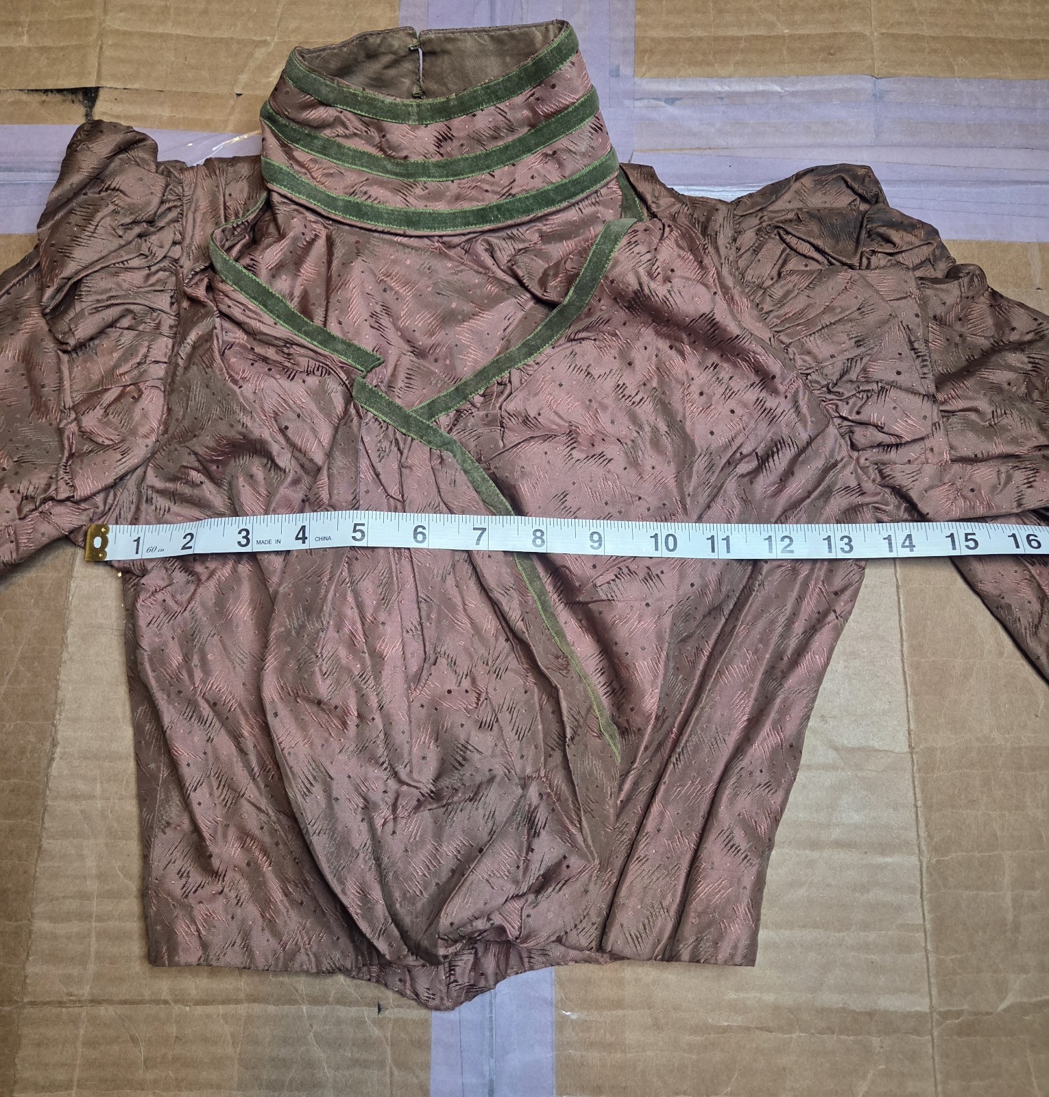 Victorian Copper Taffeta Print Bodice w/ Green Velvet Trim READ!
