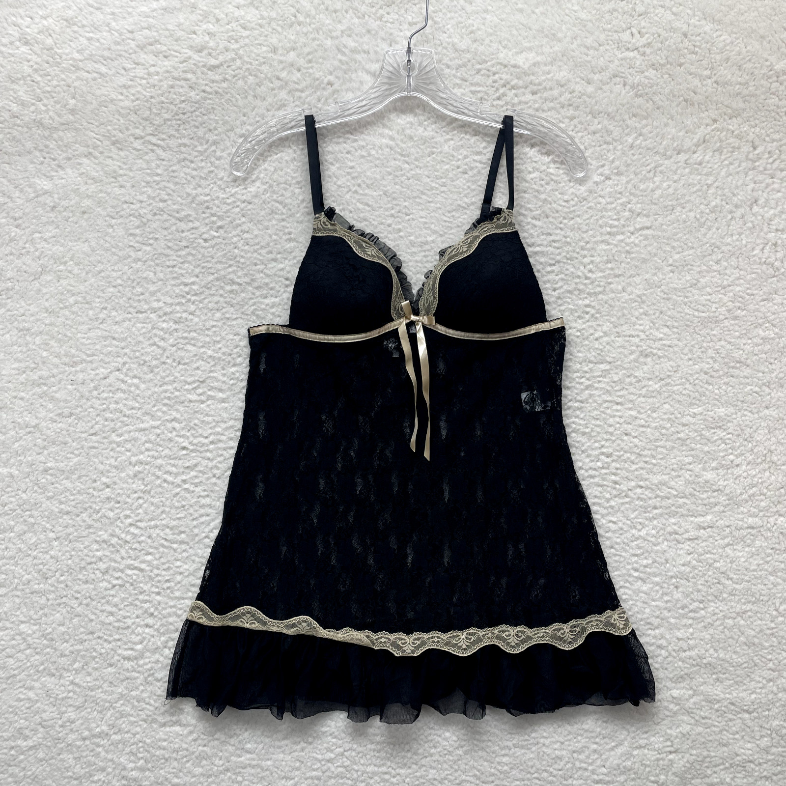 Y2K Vintage Babydoll Slip Dress Medium Black Lace Mesh Sheer Padded Cupped Sexy