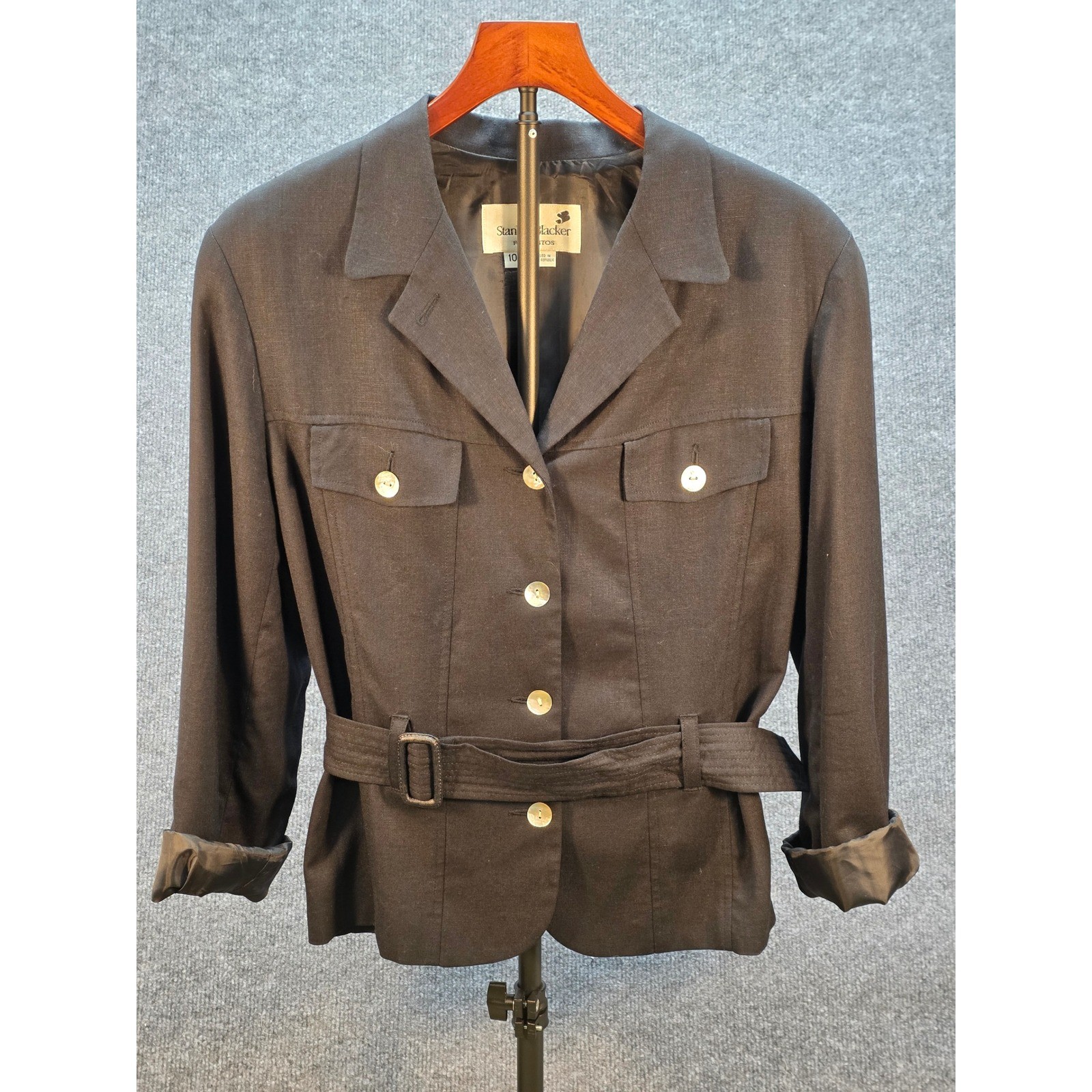 Stanley Blacker Safari Jacket Women 10 Black Excellent VTG Belted Linen Blend