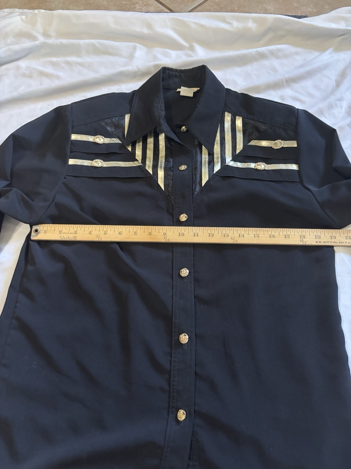 VTG 80s RIO Inc Women L Black Gold Metallic Ribbon Western Rodeo Shirt USA Made
