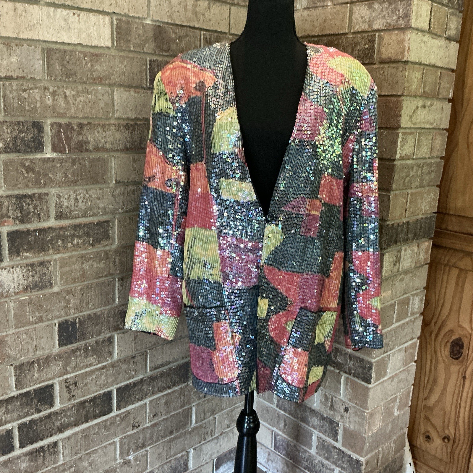 80s VINTAGE Sandy Starkman Sequin Blazer Jacket Size XL Multicolor Abstract 63E4