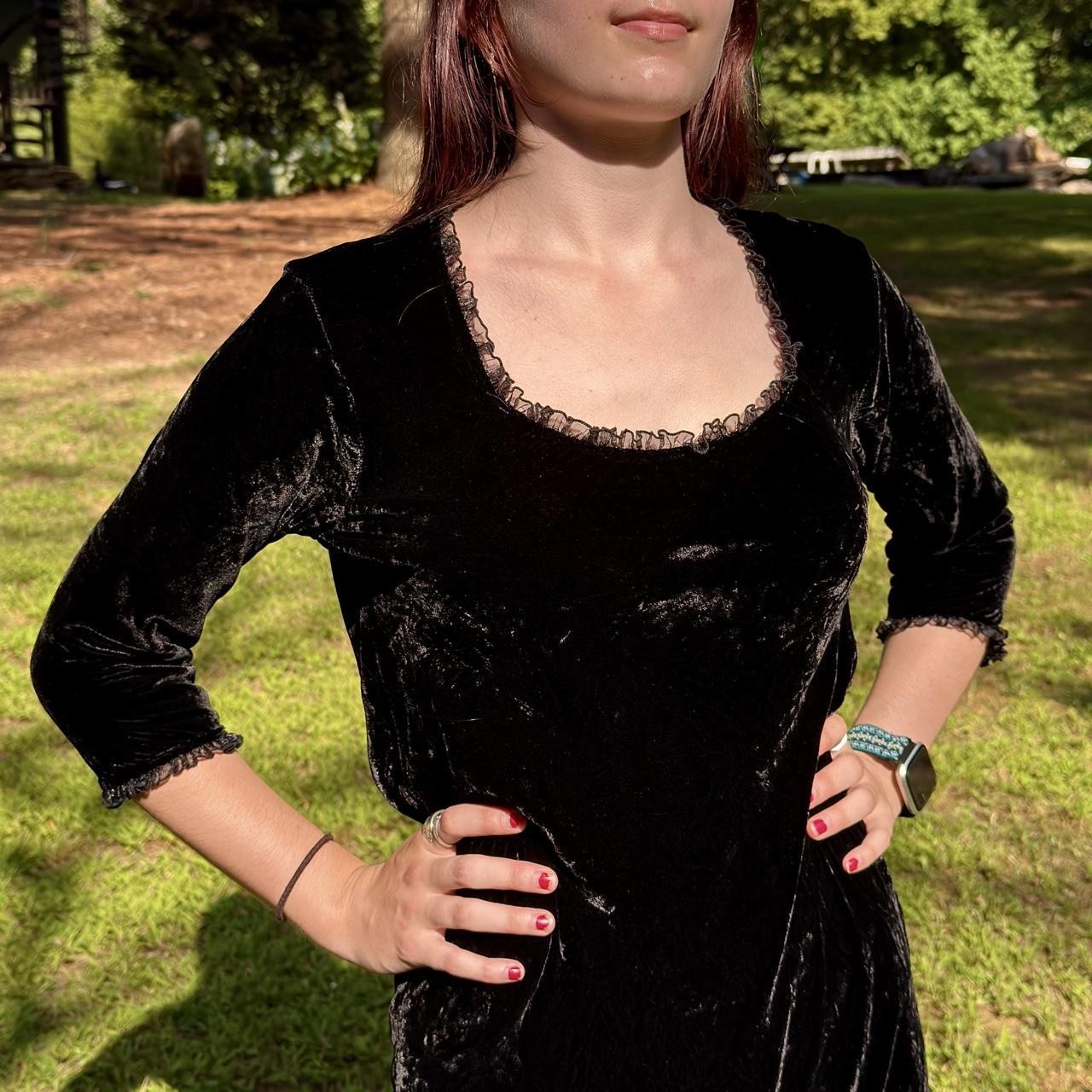 90s crushed black velvet maxi dress w/ mesh lace trim & long sleeve