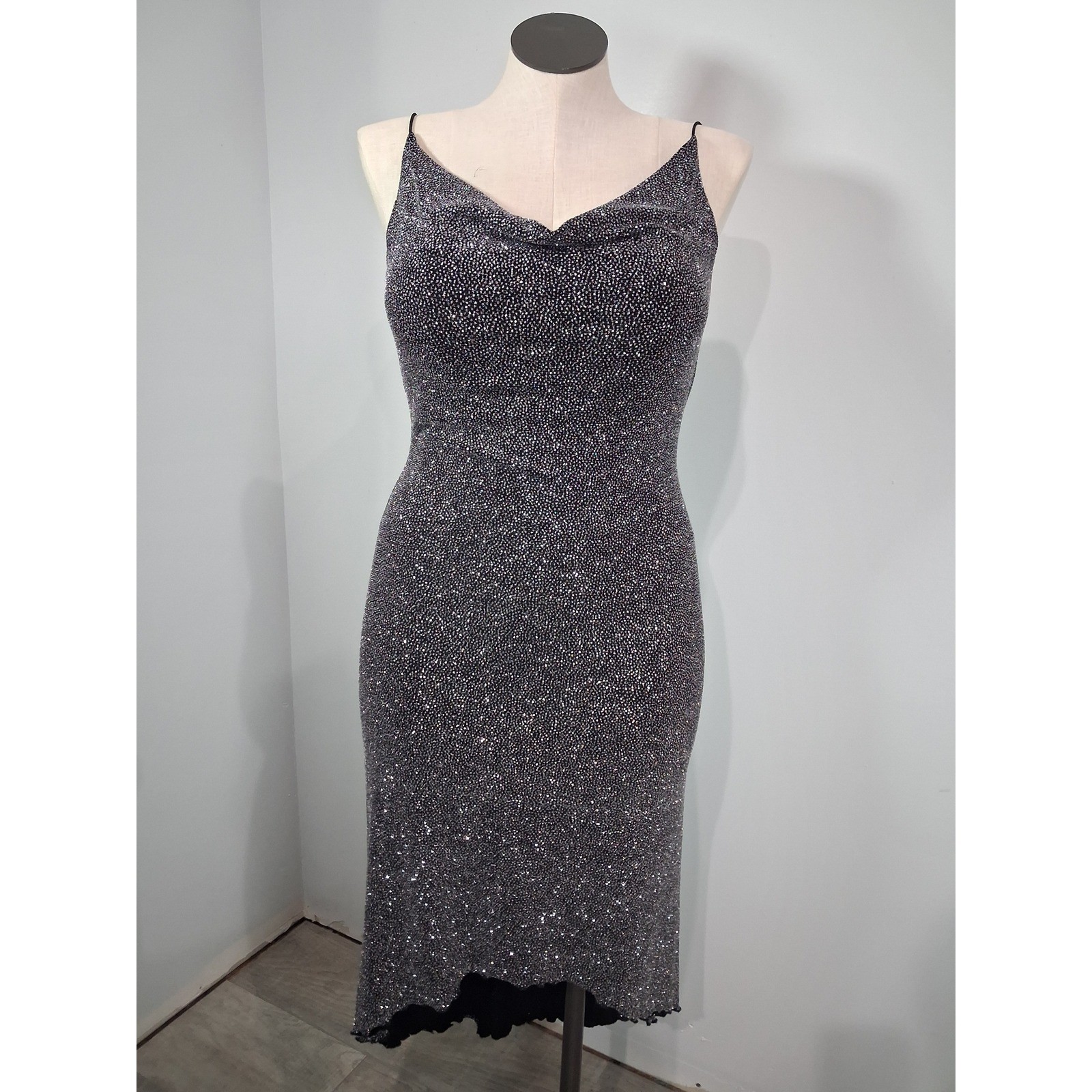 City Triangles Vtg Y2K Slinky Glitter Cowl Neck High Low Dress Silver Black Lg