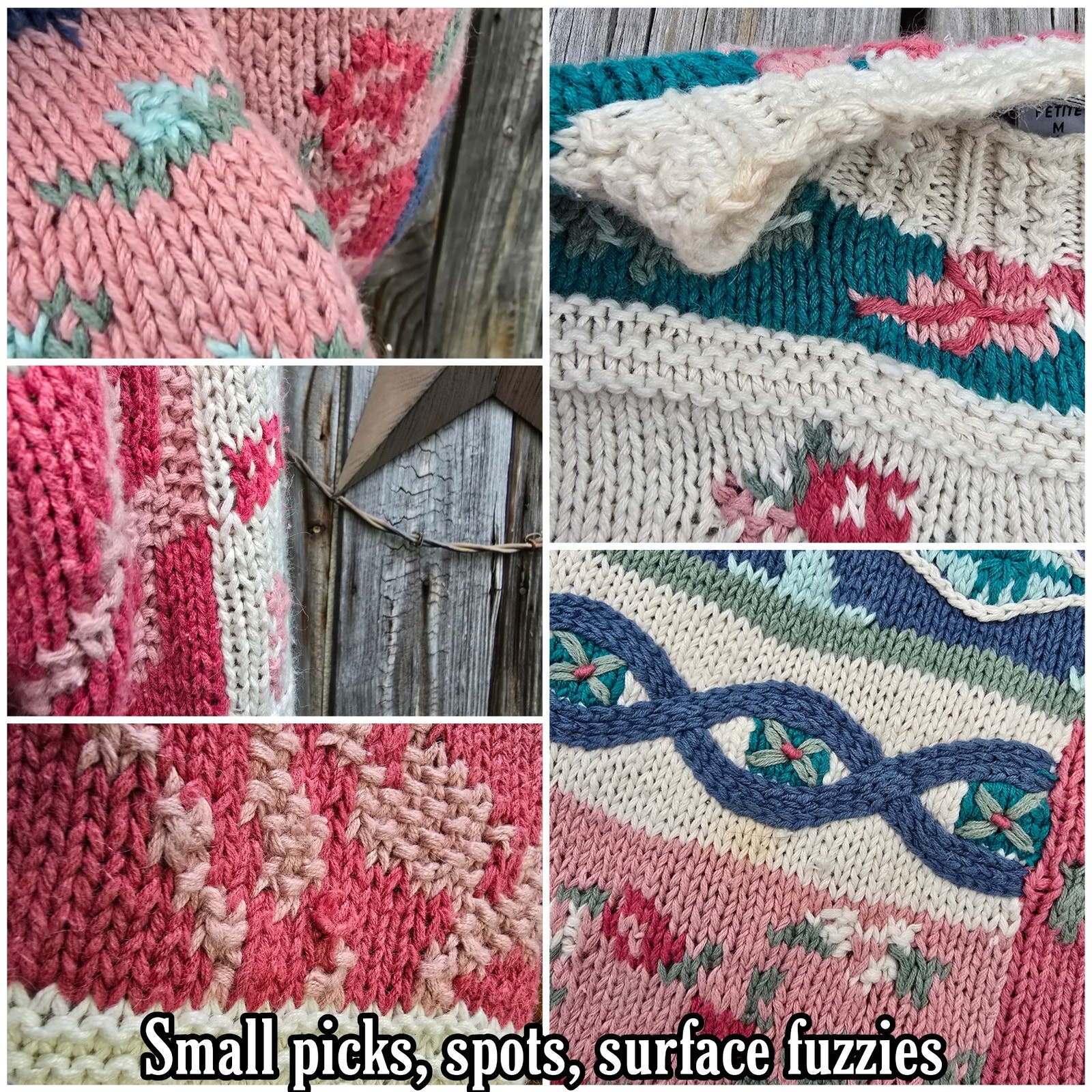 Patchwork Sweater Crystal Kobe Size Petite Medium Pink Blue Beige Floral Vintage