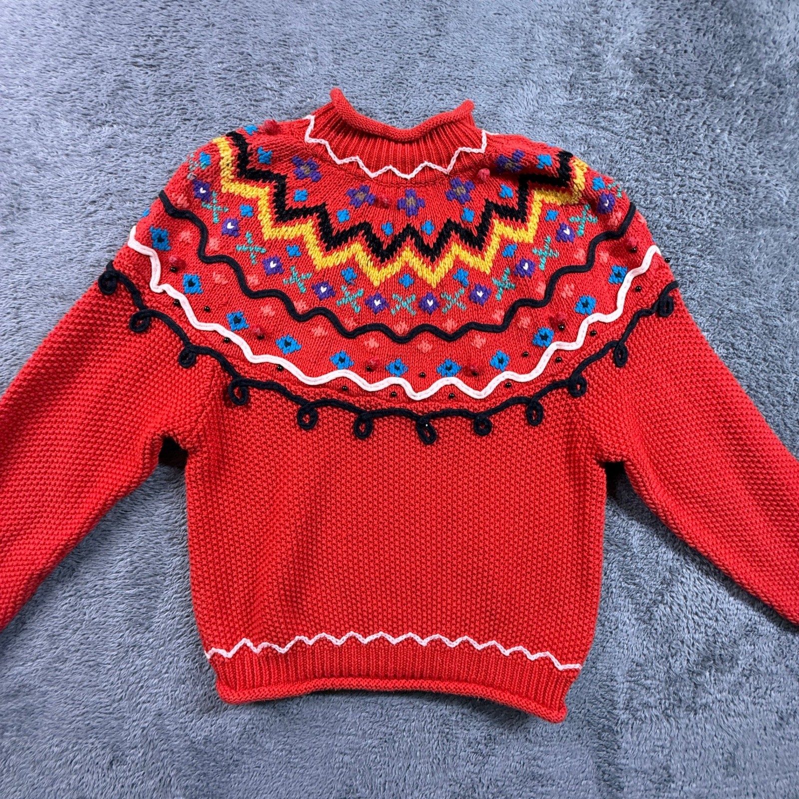 Chaus Knit Sweater Womens S Red Excellent Vintage Embroidered Holiday Chunky