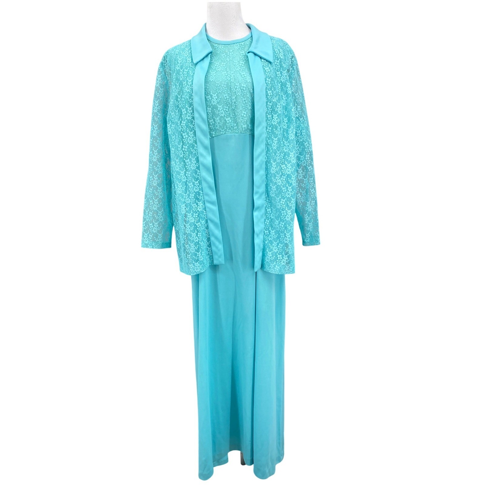 Vintage 60s Lace Maxi Dress Jacket Set Women XL 1X Turquoise Blue Formal Pastel
