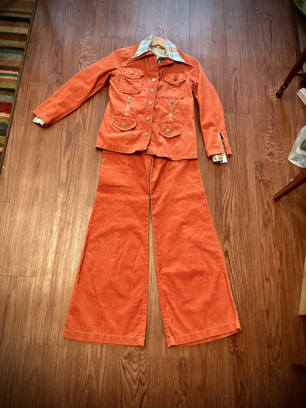 VTG 70s ILGWU Corduroy Pantsuit Burnt Orange 3 Pc Jacket Pants Set Size 00 0 XS