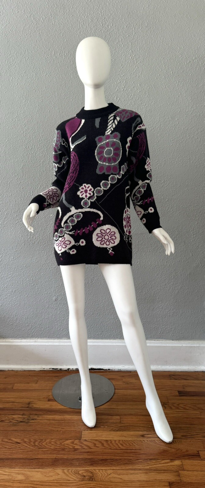 Vintage 80s Black Wool Funky CERVELLE Crew Tunic Sweater Top S