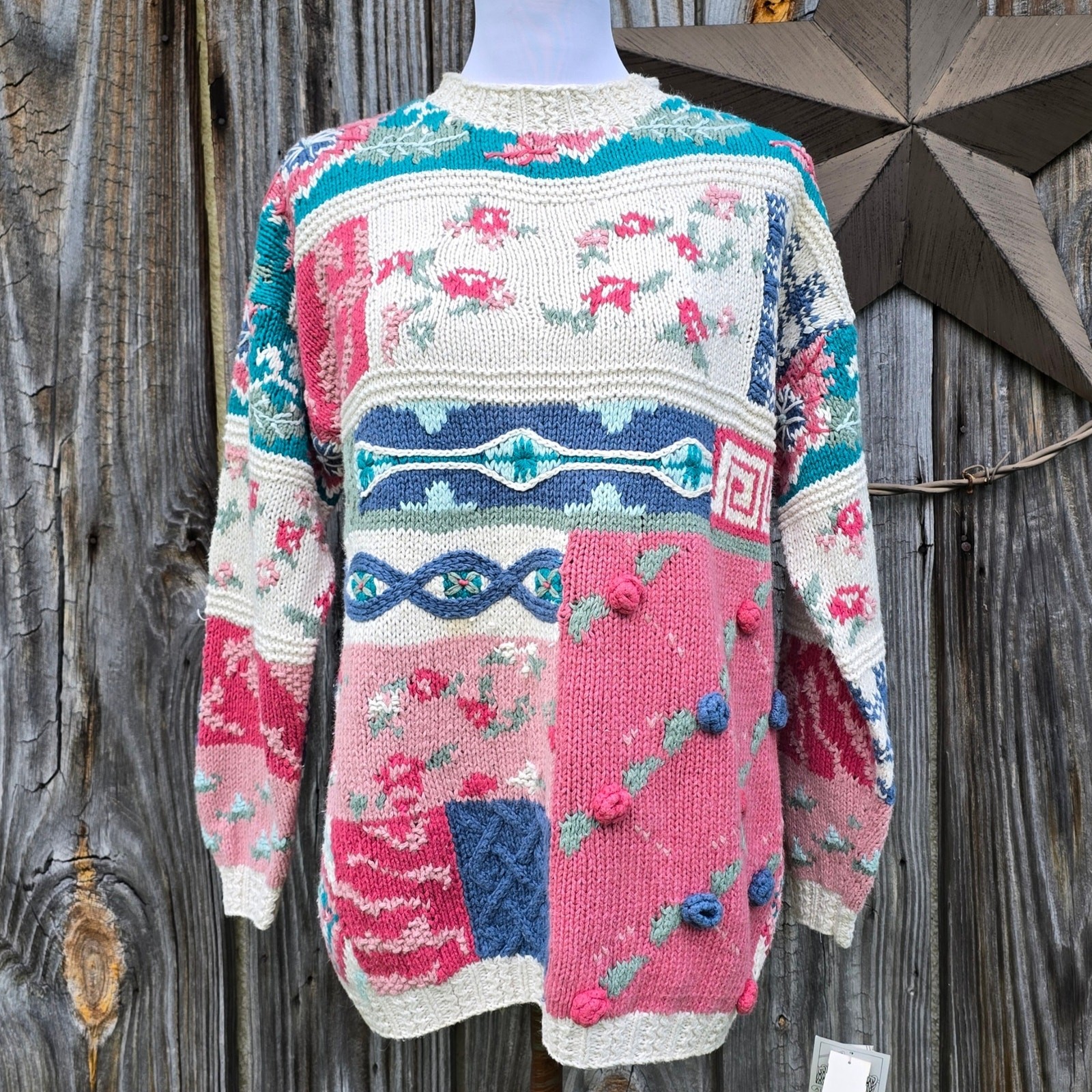 Patchwork Sweater Crystal Kobe Size Petite Medium Pink Blue Beige Floral Vintage