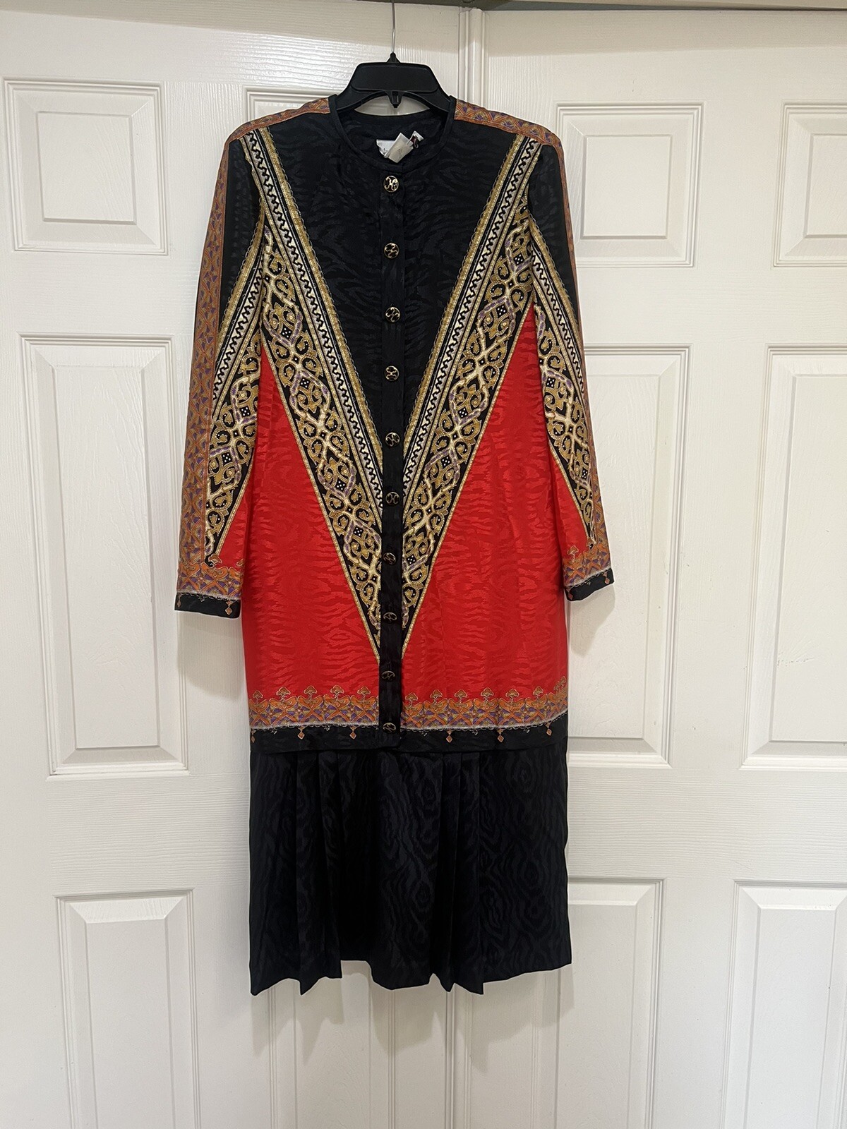Vintage 80s Anthony Sicari Red Black Long Sleeves Scarf Dress 12 USA Made