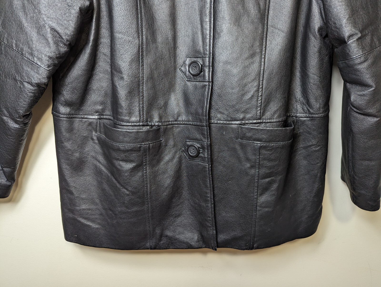 Vintage Black Leather Jacket Size L Salon Studio Haband Button Down Mid Length