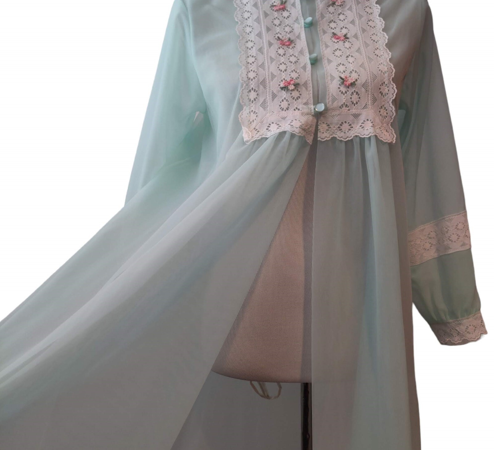 Gilead Womens Vtg Mint Green Lace 1/4 Button Lightweight Semi Sheer Nylon Robe S