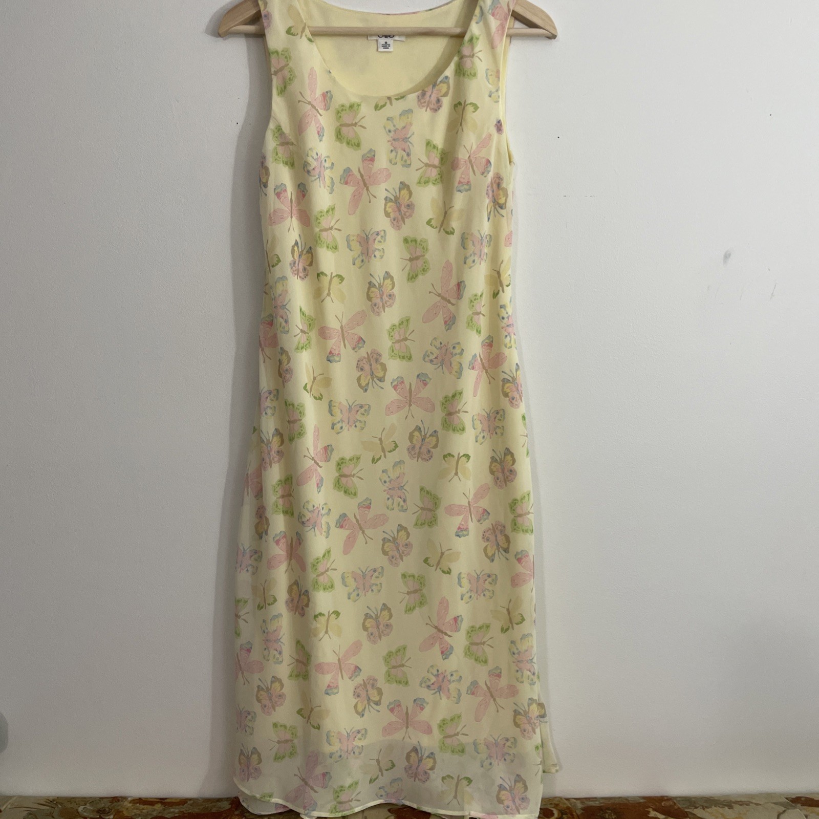 VTG 90’s Y2K Sheer Butterfly Midi Dress Yellow Lined Size 10 Fairycore Whimsy