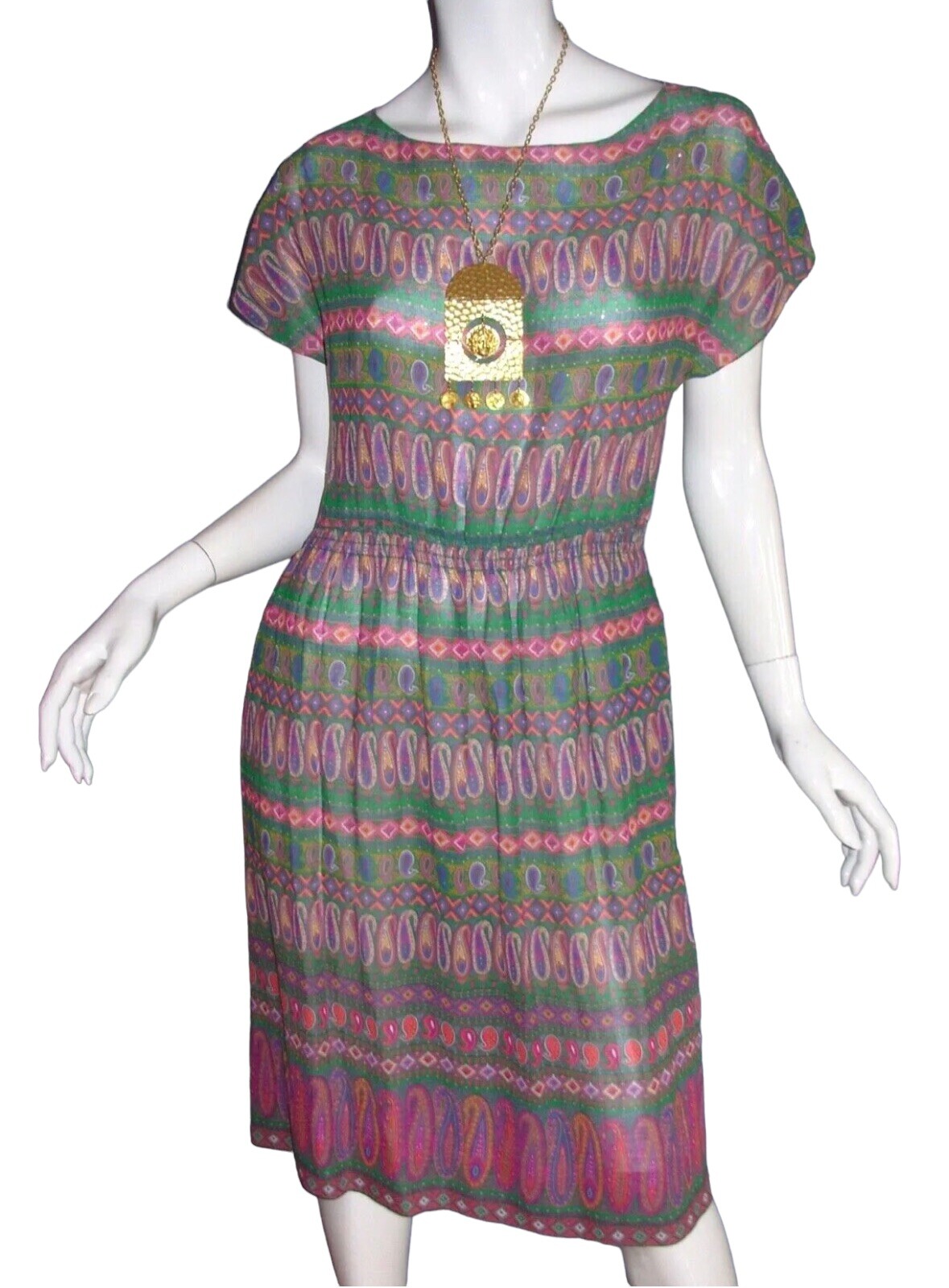 Vtg 70s 80s EDITH STRAUSS Dress M Patchwork PAISLEY Print Secretary Boho Peasant