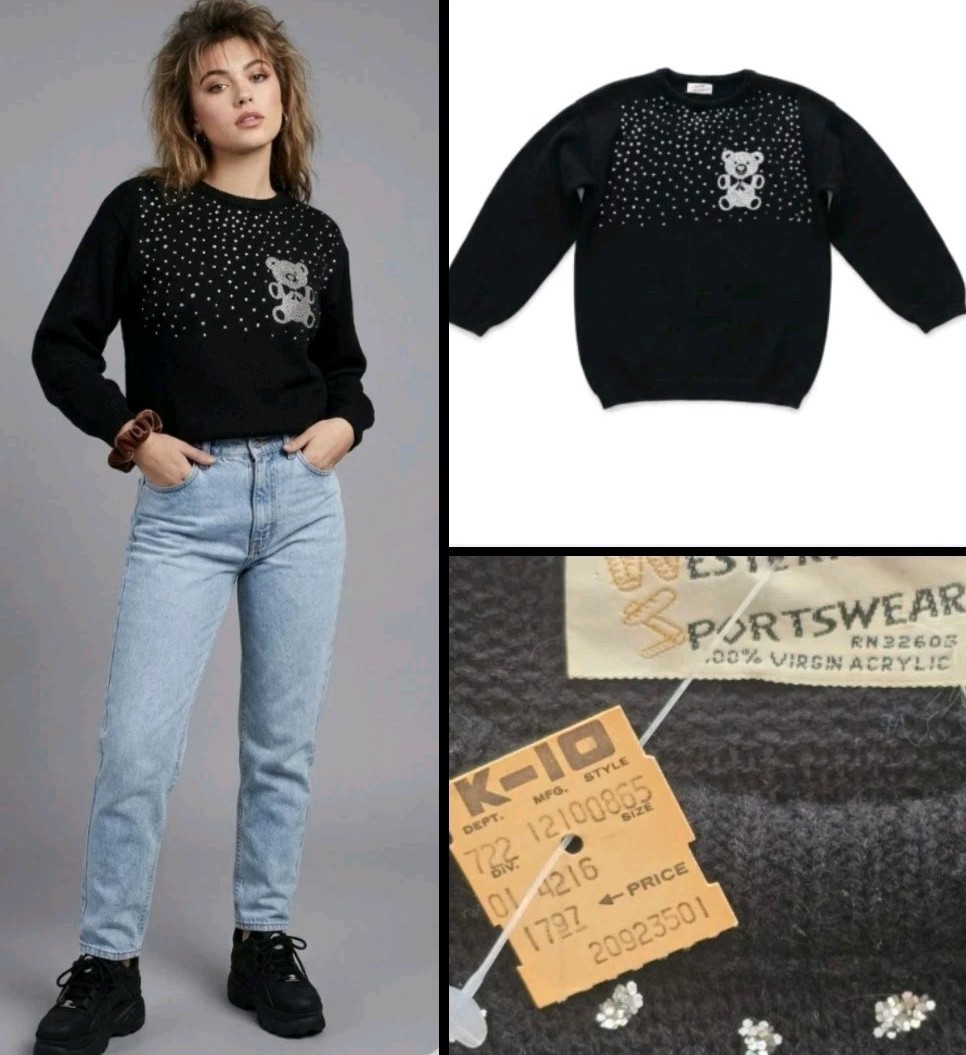 Vtg 90’s Western Sportswear Black Glitter Teddy Bear Sweater Deadstock! Size S/M