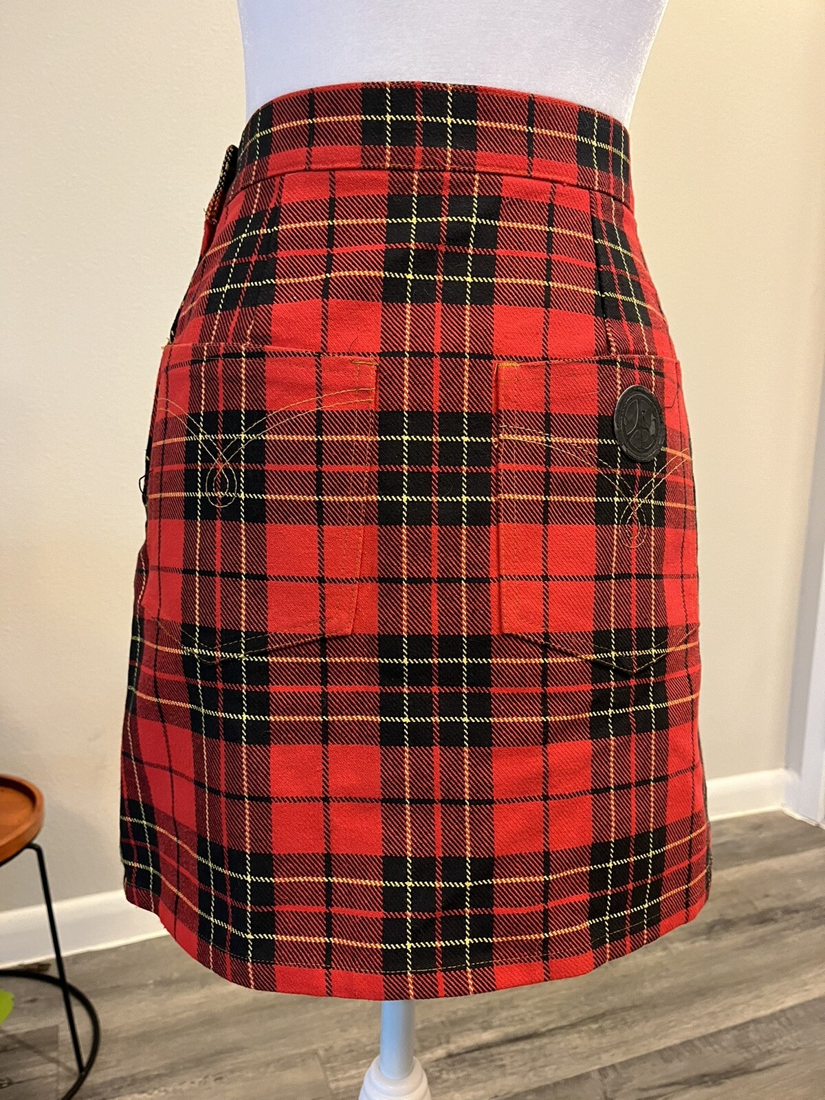 VTG 90’s Moschino Jeans Red Black Plaid Schoolgirl Pleated Leather Peace Skirt
