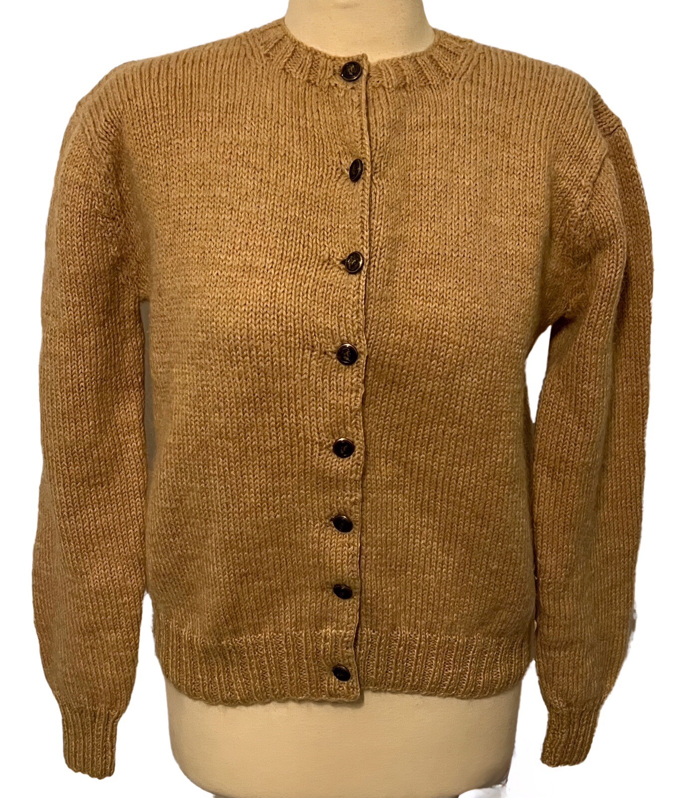 Vintage 1950s Beige Wool Cardigan Sweater with Brass Napoleon Buttons Sz M/L