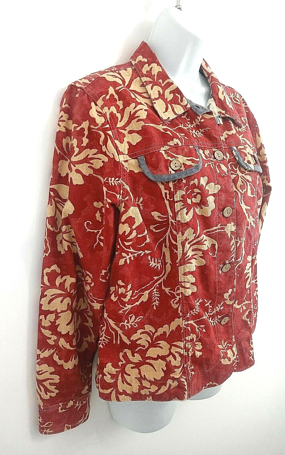Cottage Vintage Coldwater Creek Jacket Womens M Medium Trucker Cotton Red Floral