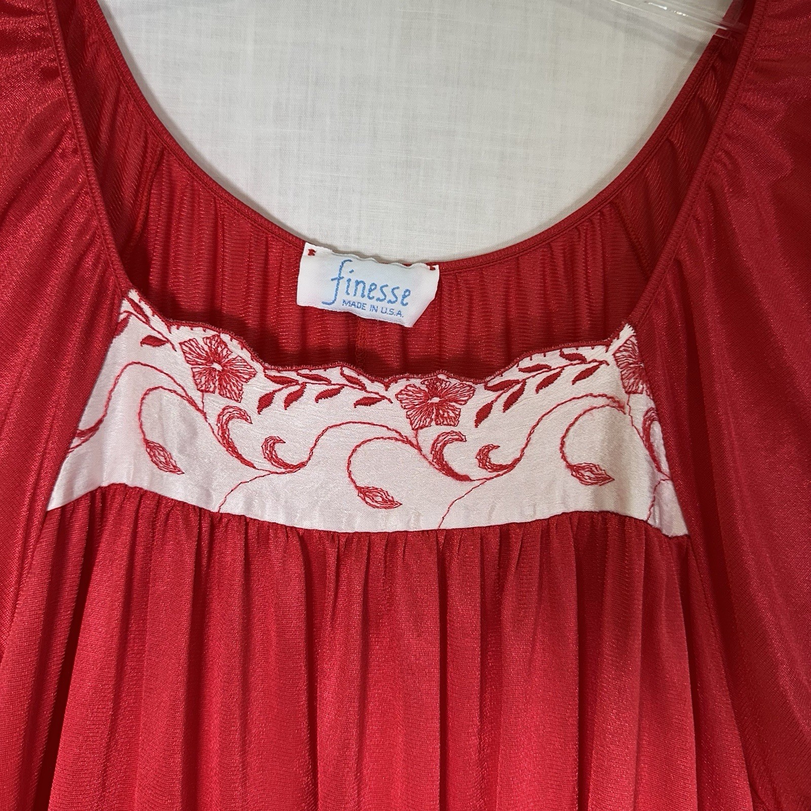 Vintage Finesse Red Silky Nightgown S-L Embroidered Front Yoke USA