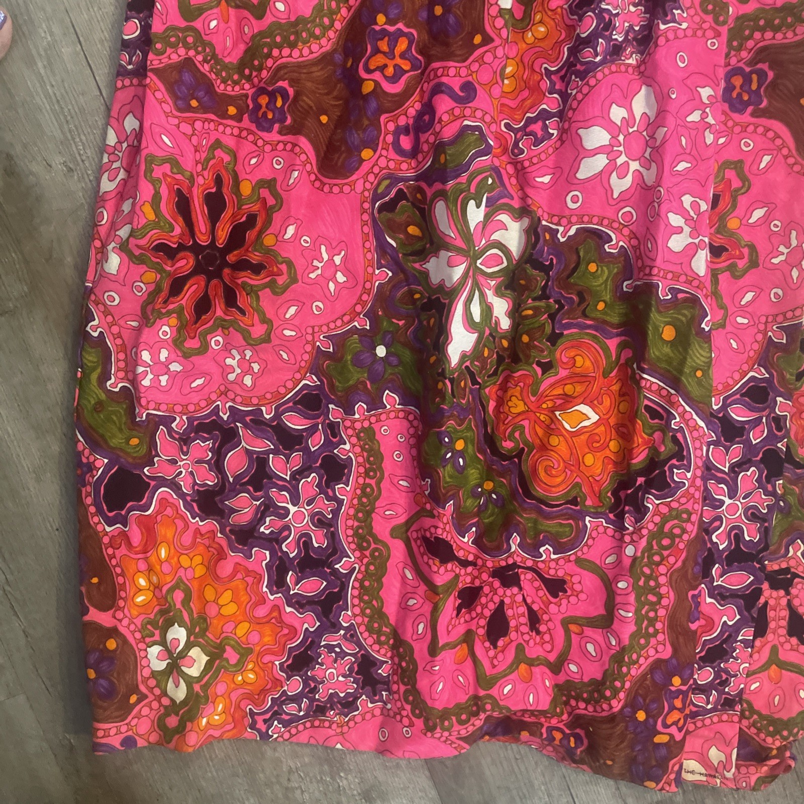 Vtg Sleeveless Maxi Dress Hot Pink Multicolor Psychedelic Print Barkcloth Lg