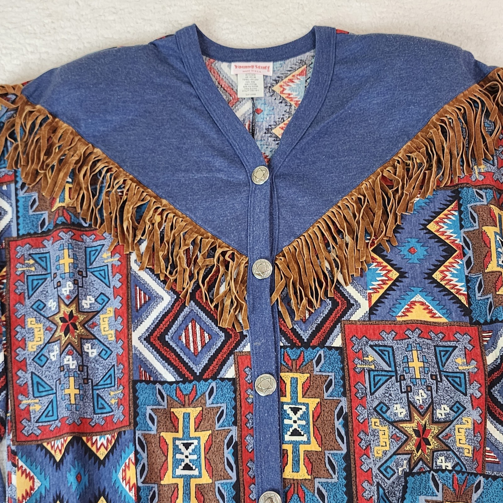Young Stuff Womens Western Fringe Cardigan Size L Multicolor Aztec Print #2060