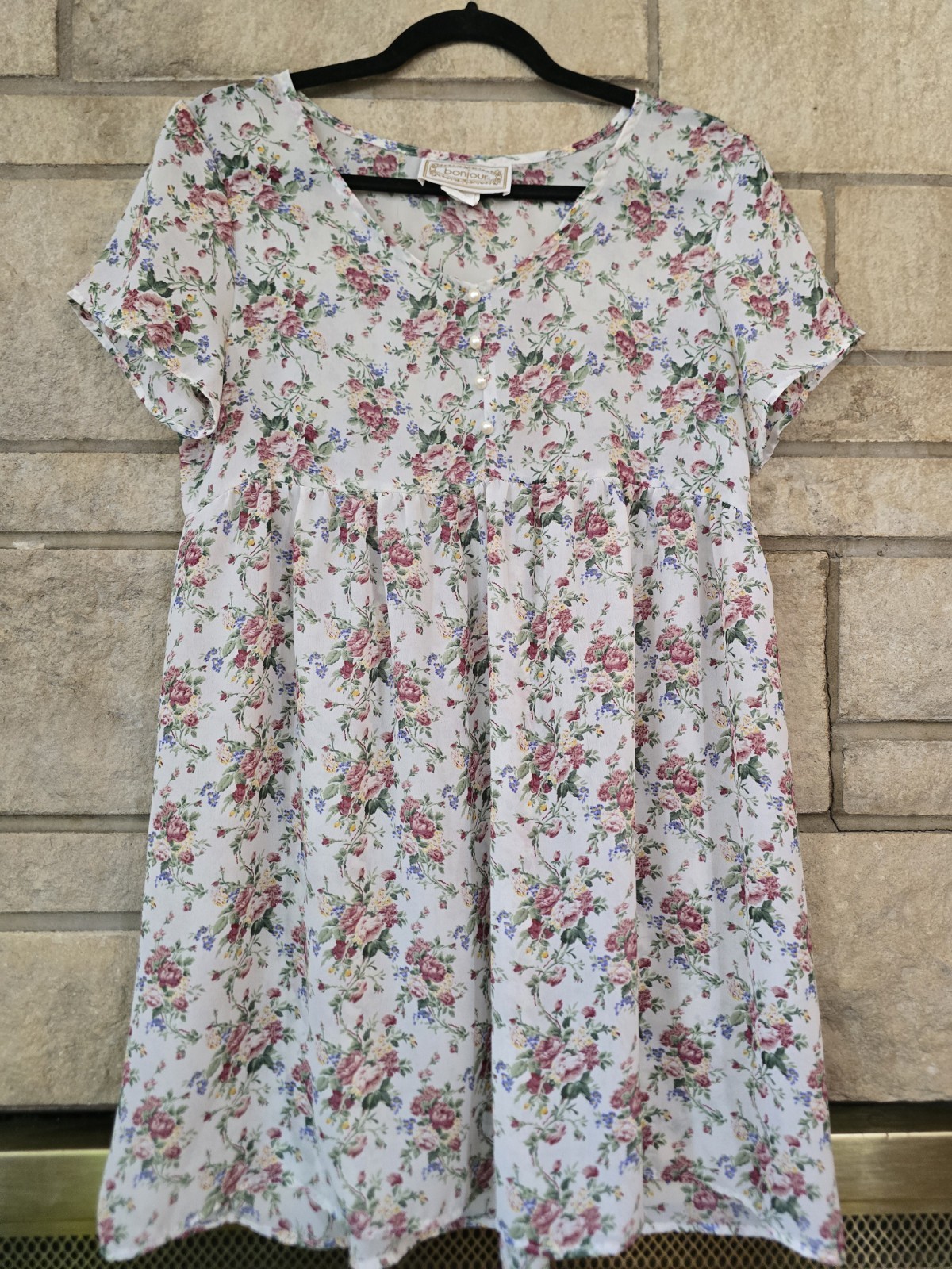 Vintage 90s Bonjour Floral Babydoll Dress Button V-Neck, Made in USA, M