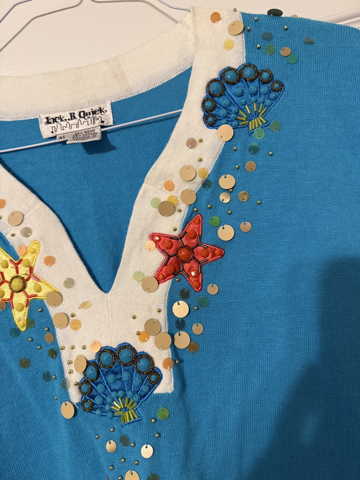 Vintage Jack B Quick Sweater Sea Theme Shell Starfish Top XL Sequin Tacky Mom
